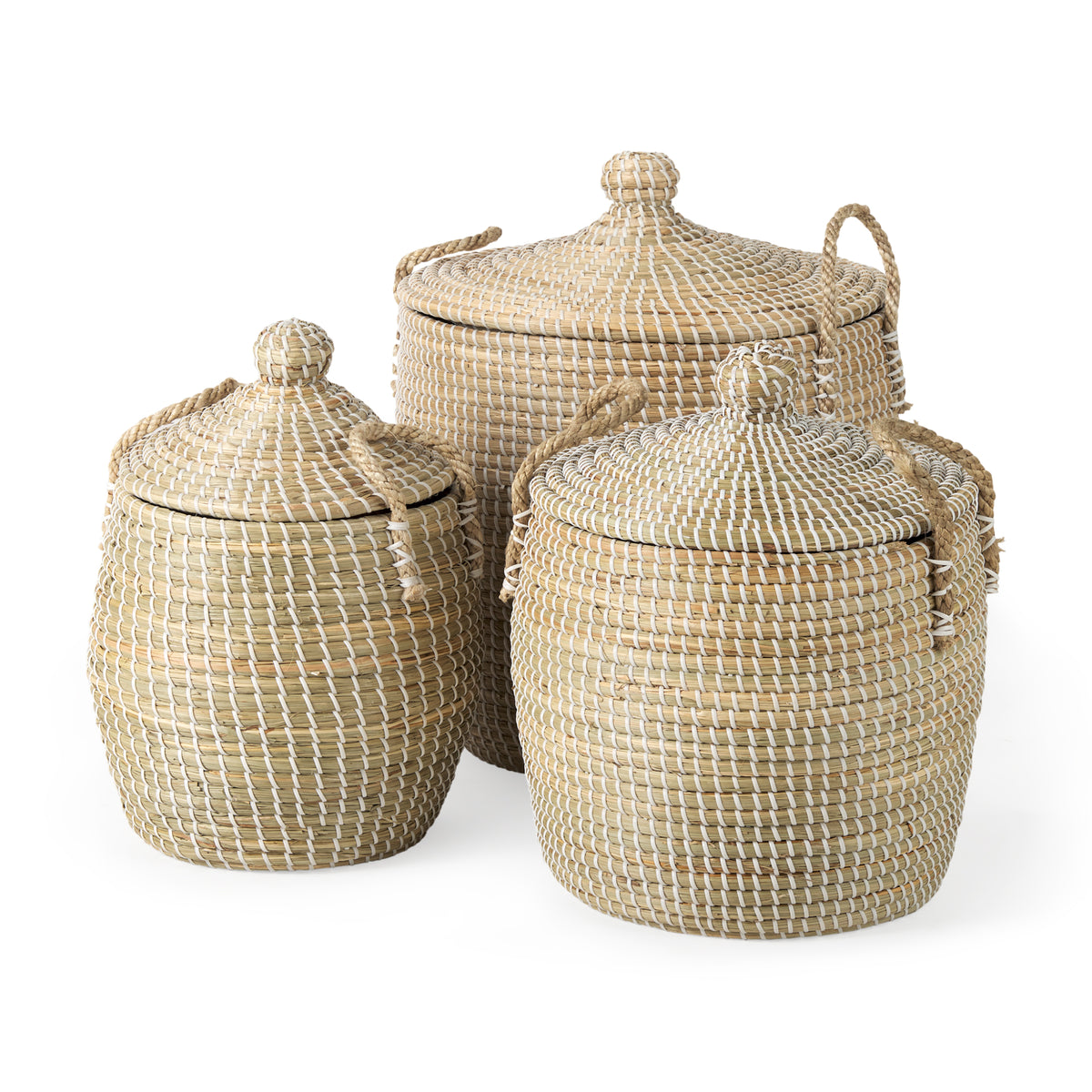 Olivia 15.7L x 15.7W x 17.3H Set of 3 Beige Seagrass Basket W/Lid and Handles-Decorative Baskets-DECOROLALA