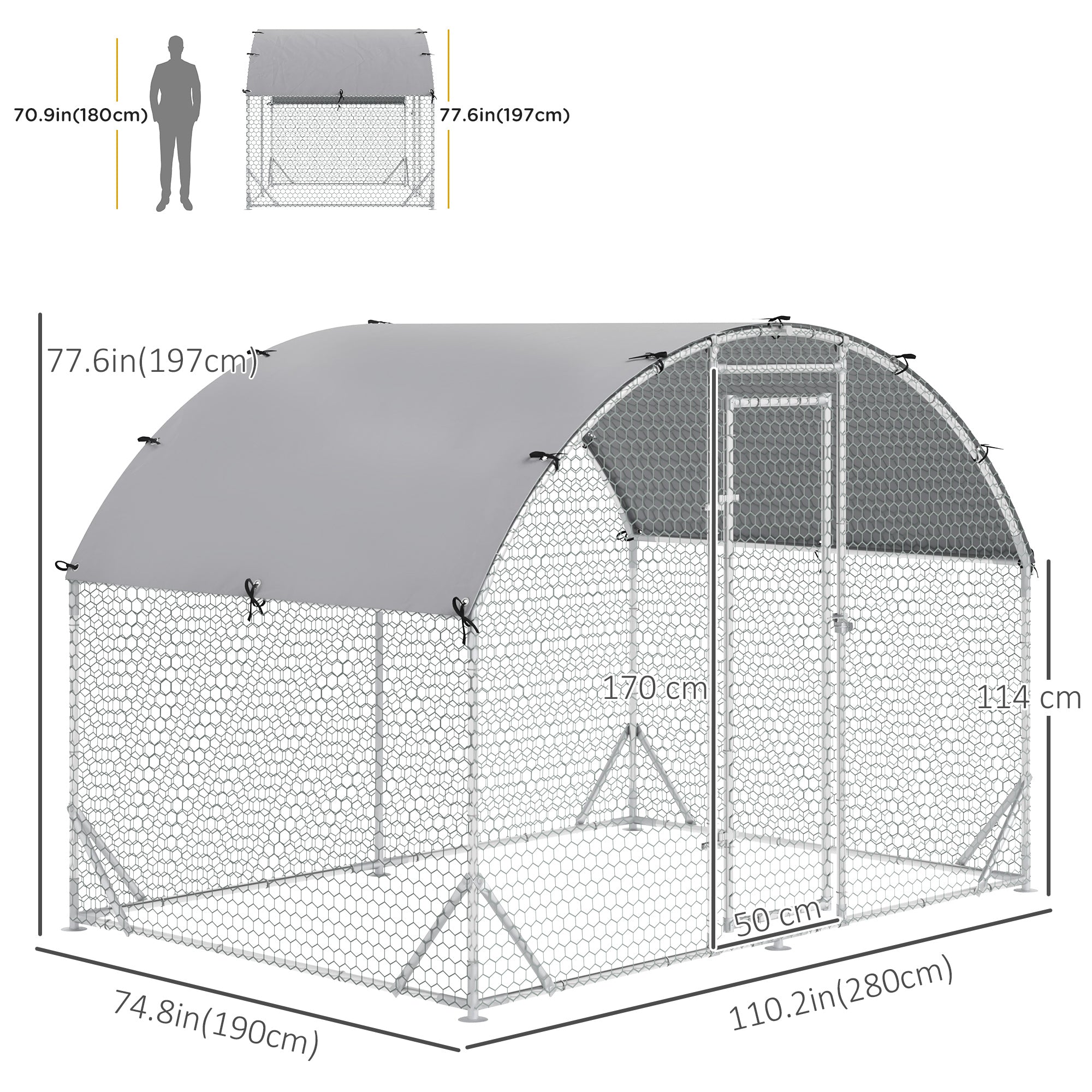 Galvanized Large Metal Chicken Coop Cage Walk-in Enclosure Poultry Hen Run House Playpen Rabbit Hutch with Cover for Outdoor Backyard 9.2' x 6.2' x 6.5' Silver