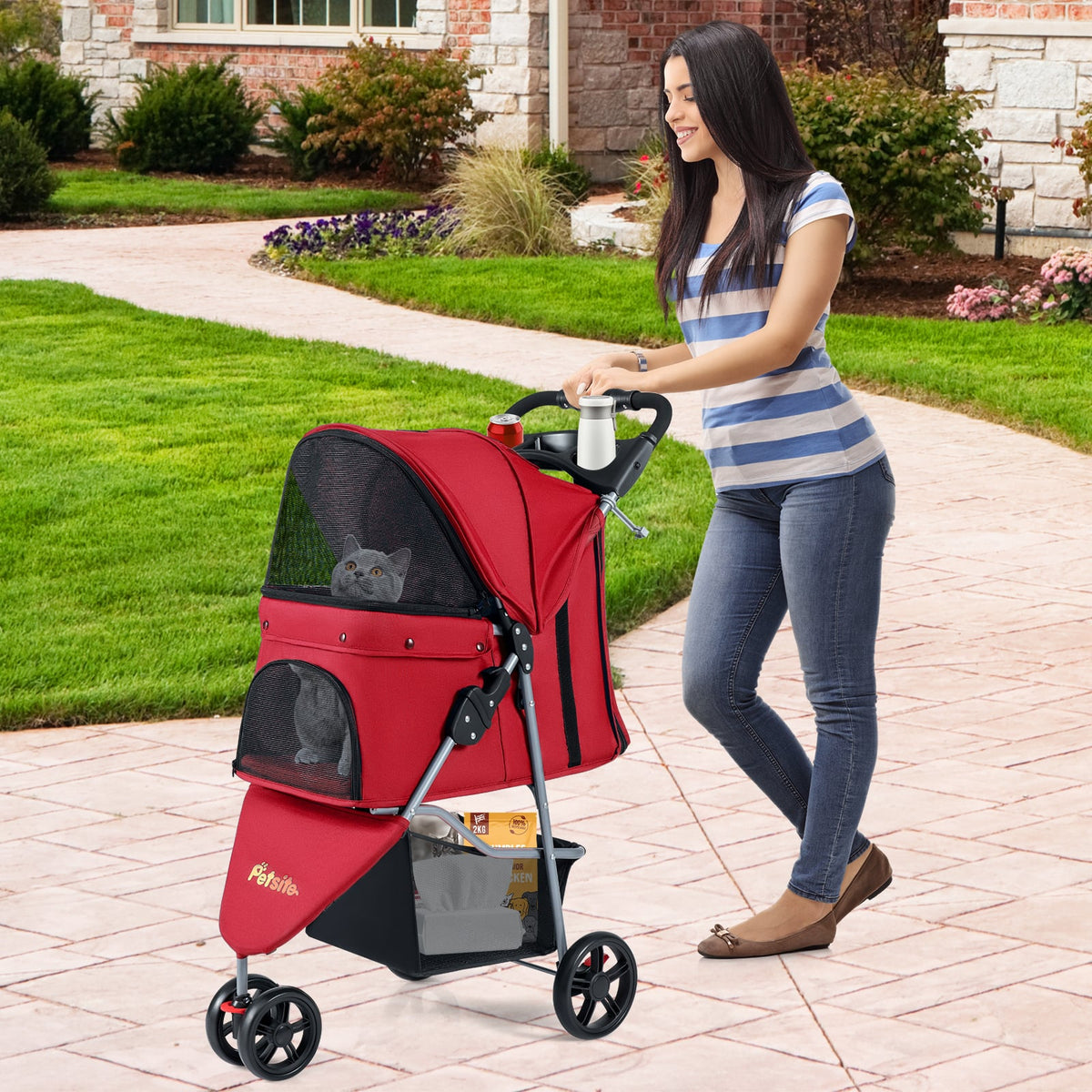 One-Click Folding Pet Stroller Lightweight Cat Strolling Cart with Adjustable Canopy-Red-Dog Supplies-DECOROLALA