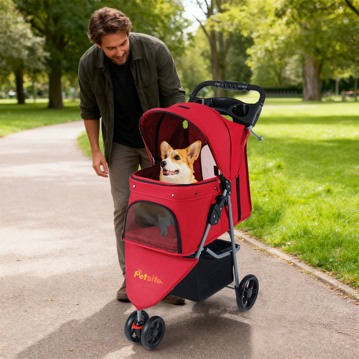 One-Click Folding Pet Stroller Lightweight Cat Strolling Cart with Adjustable Canopy-Red-Dog Supplies-DECOROLALA