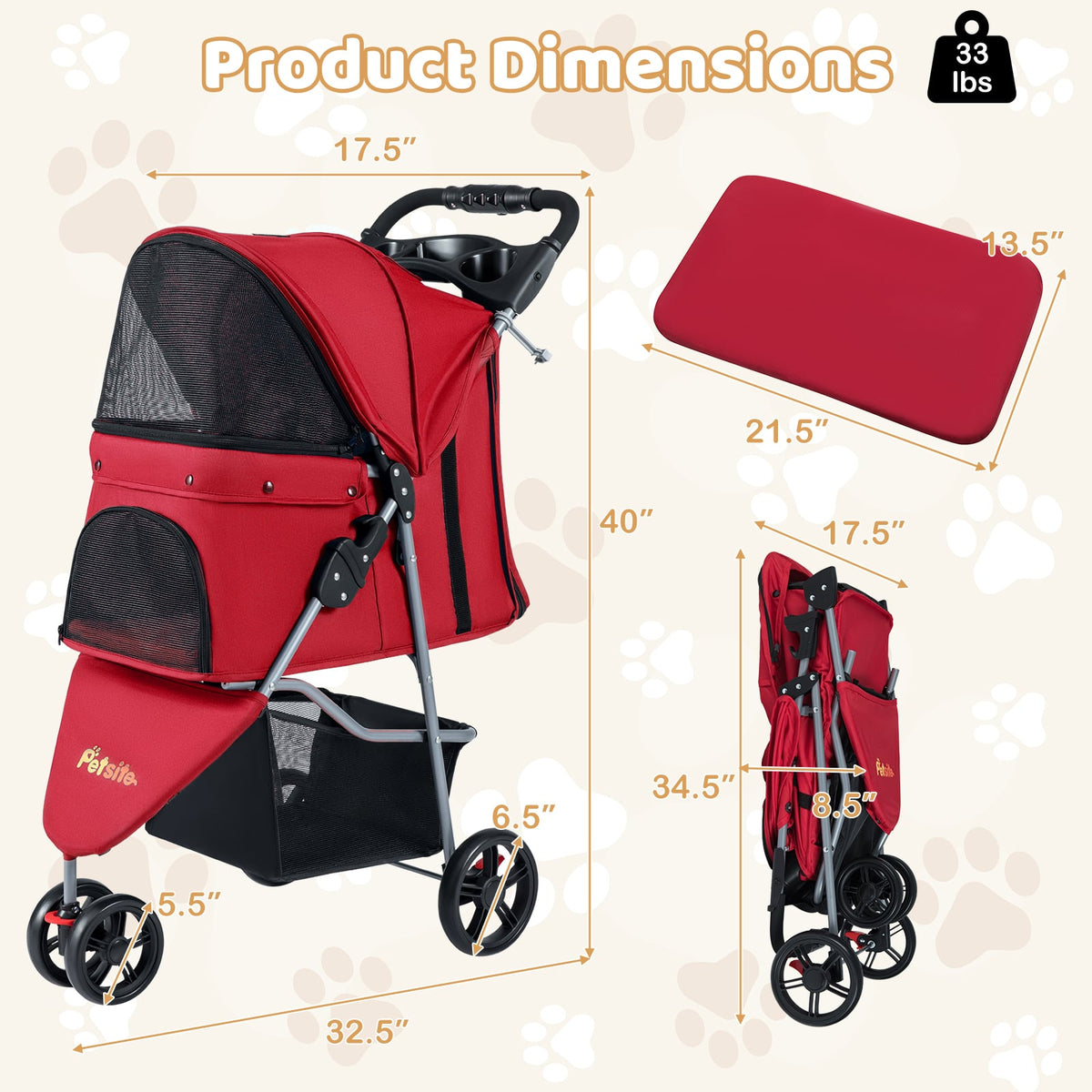 One-Click Folding Pet Stroller Lightweight Cat Strolling Cart with Adjustable Canopy-Red-Dog Supplies-DECOROLALA