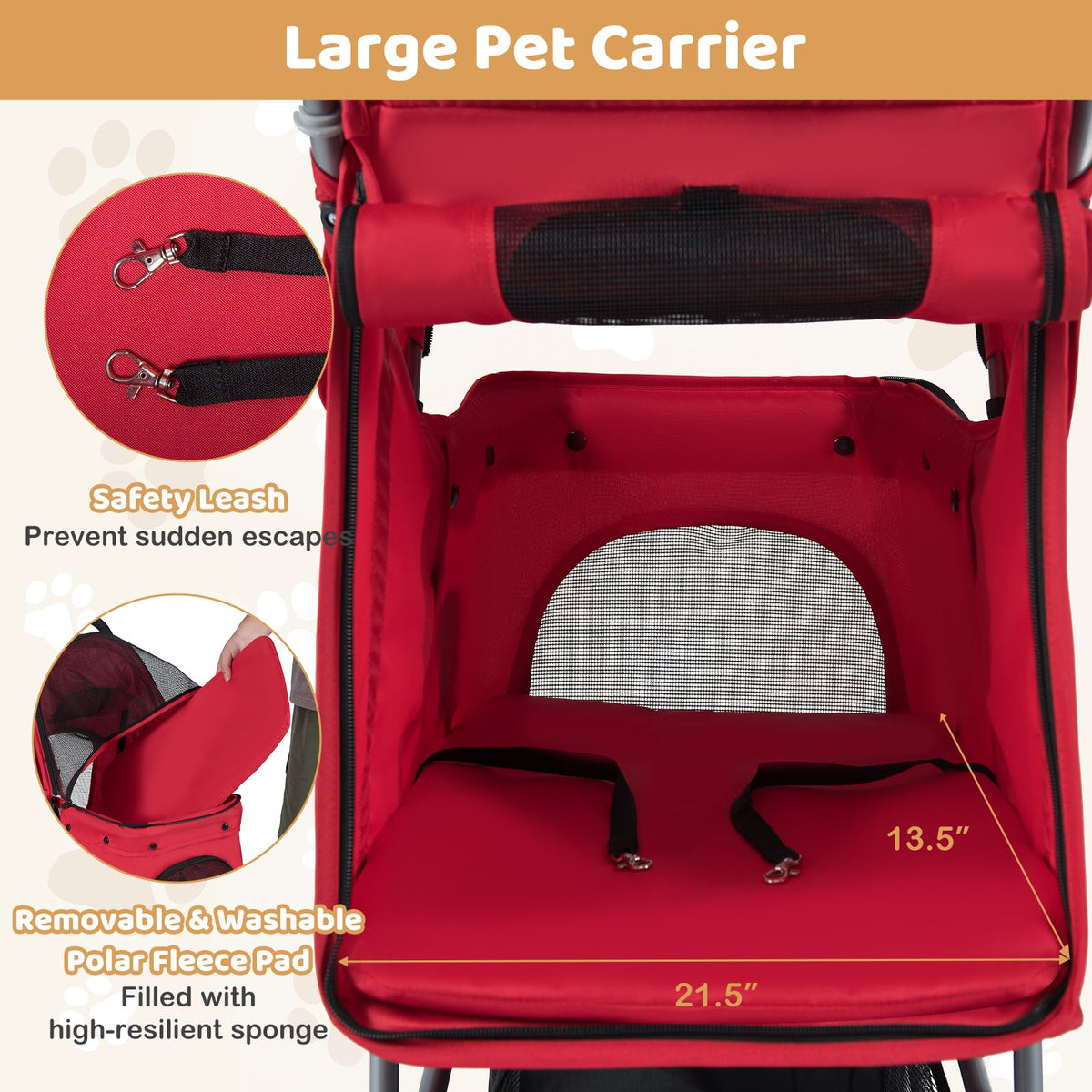 One-Click Folding Pet Stroller Lightweight Cat Strolling Cart with Adjustable Canopy-Red-Dog Supplies-DECOROLALA