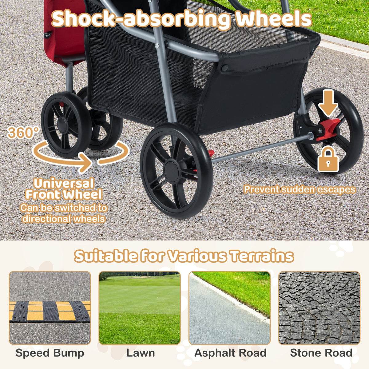 One-Click Folding Pet Stroller Lightweight Cat Strolling Cart with Adjustable Canopy-Red-Dog Supplies-DECOROLALA