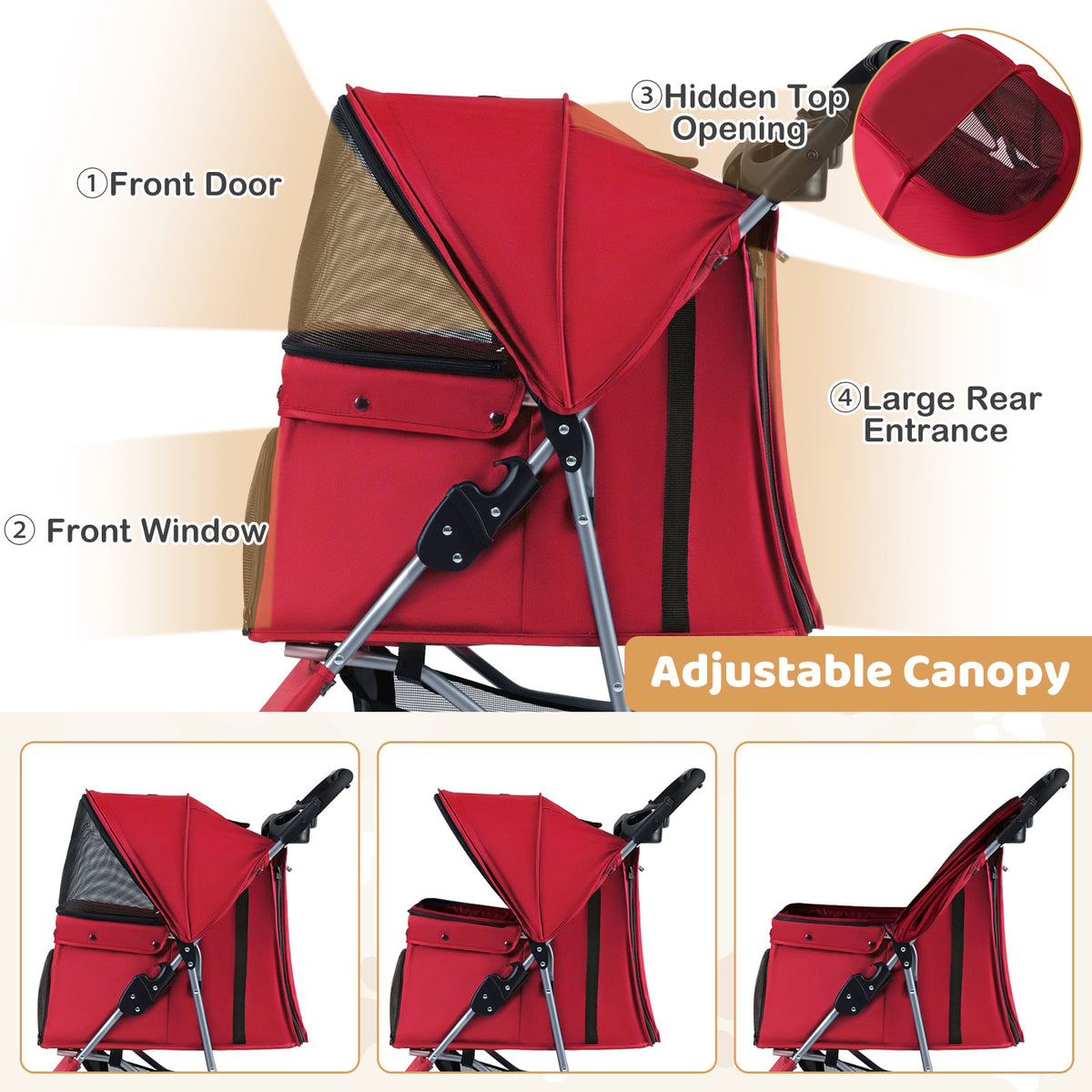 One-Click Folding Pet Stroller Lightweight Cat Strolling Cart with Adjustable Canopy-Red-Dog Supplies-DECOROLALA