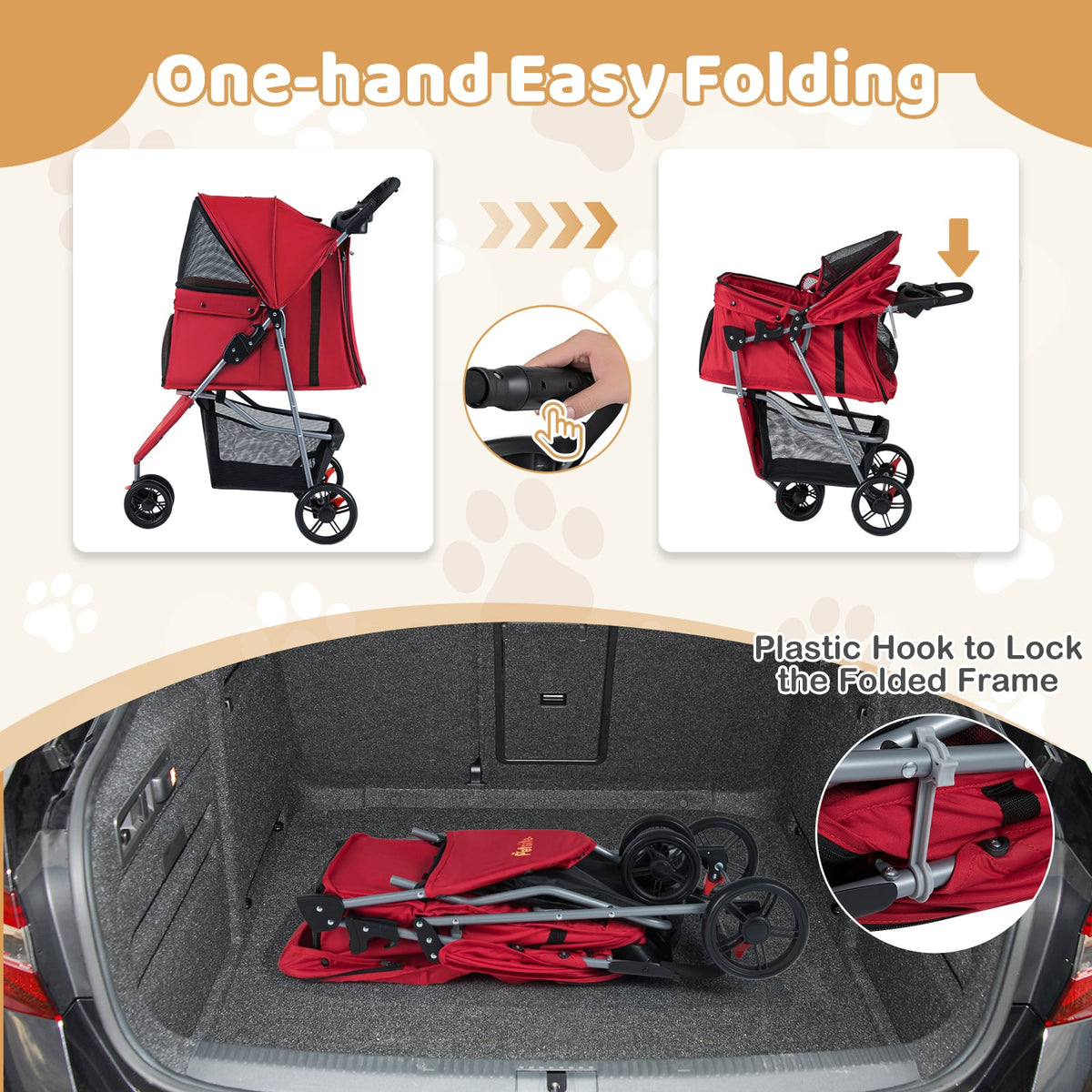 One-Click Folding Pet Stroller Lightweight Cat Strolling Cart with Adjustable Canopy-Red-Dog Supplies-DECOROLALA