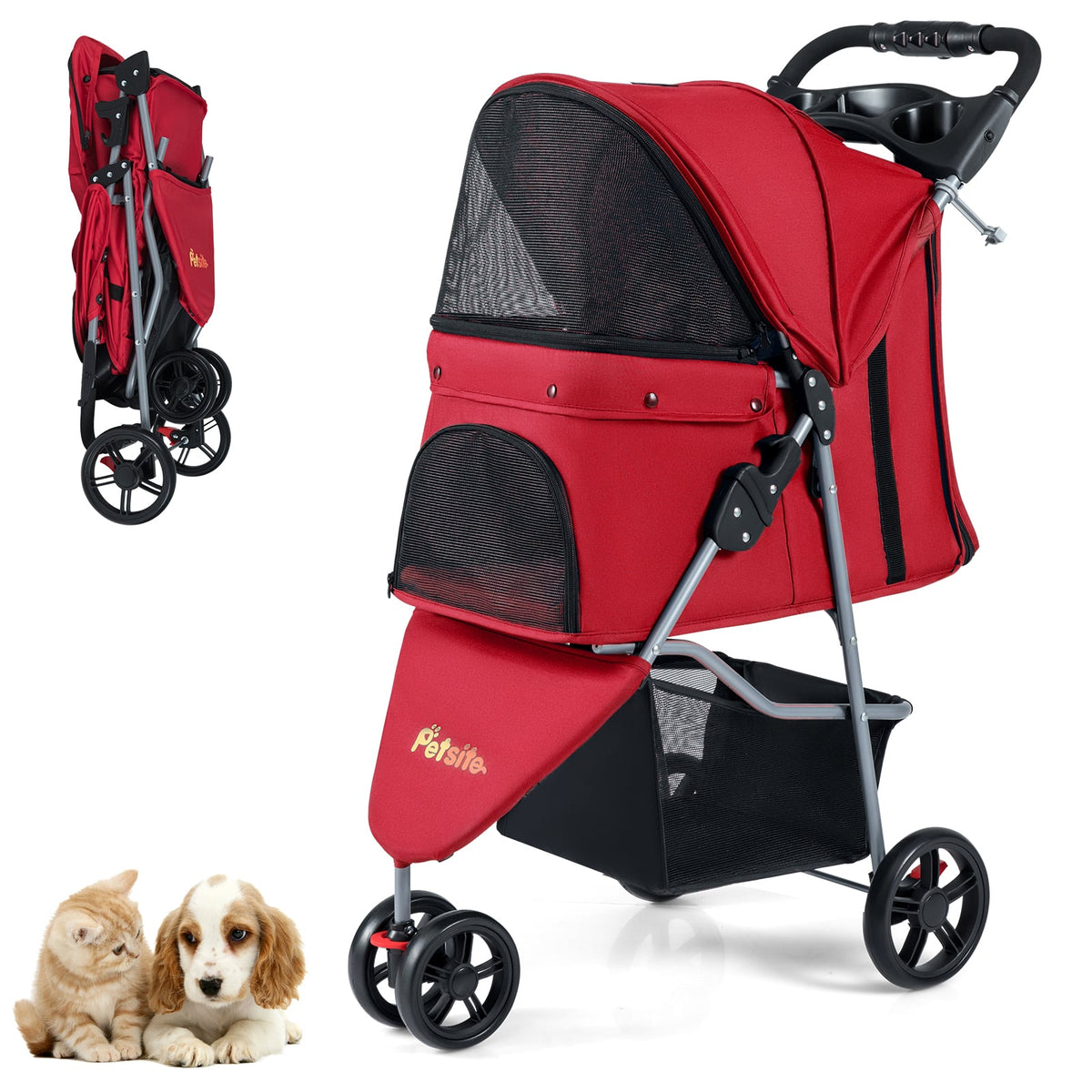 One-Click Folding Pet Stroller Lightweight Cat Strolling Cart with Adjustable Canopy-Red-Dog Supplies-DECOROLALA