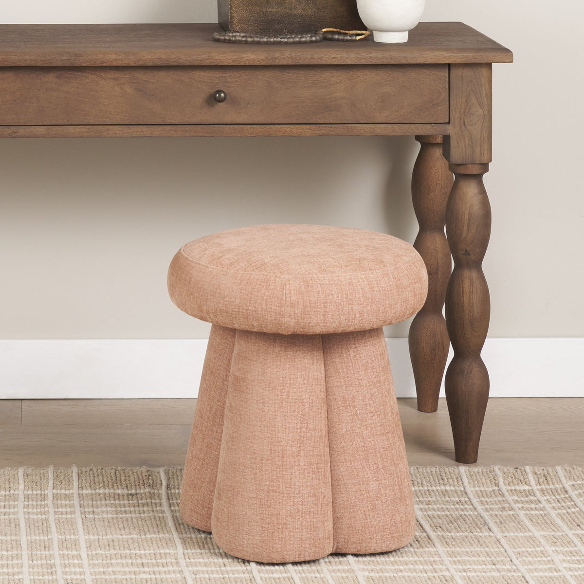 Oona Upholstered Ottoman | Sienna Fabric | 3 Legs-Stools & Ottomans-DECOROLALA