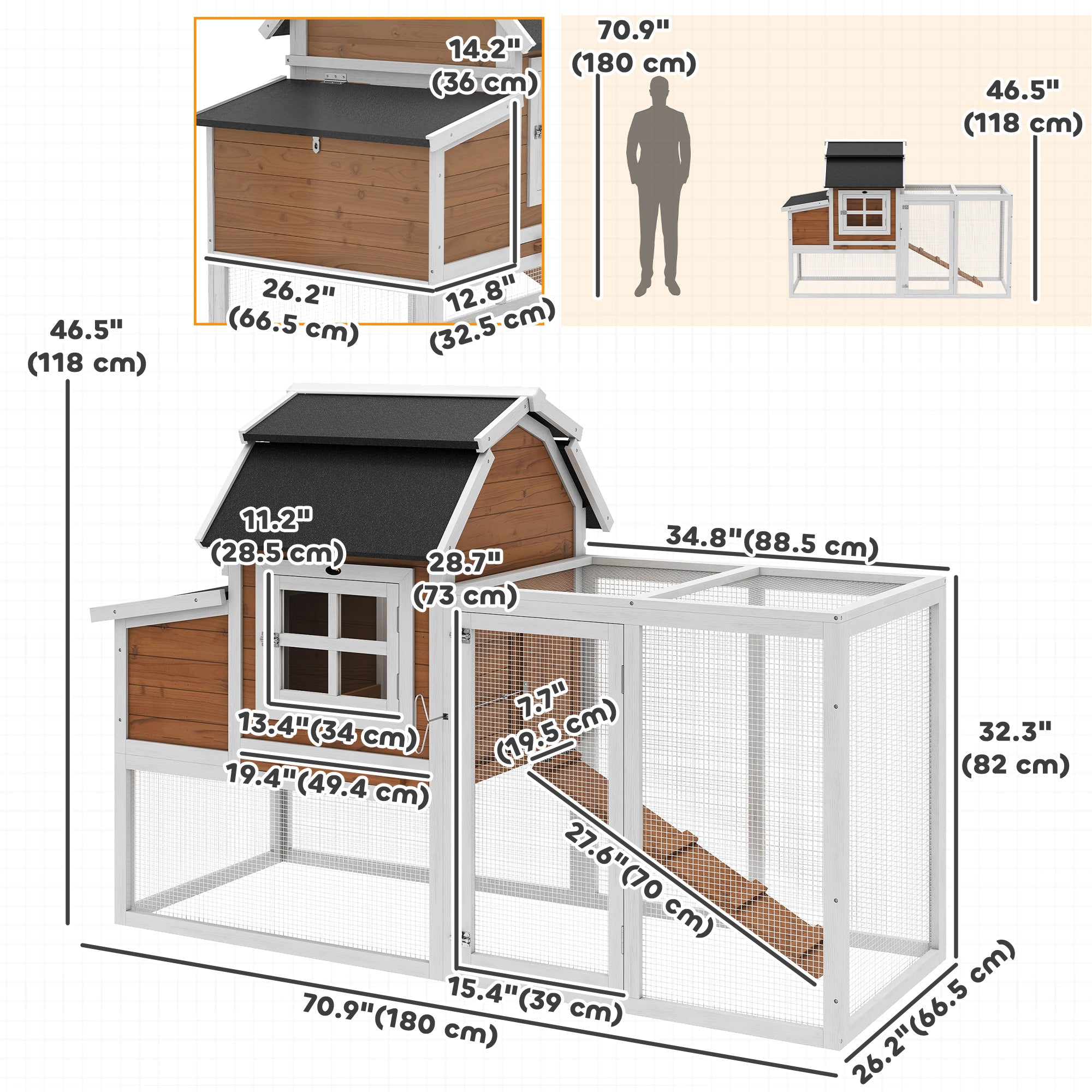 71" Chicken Coop for 3 Chickens, Wooden Hen House with Run, Removable Tray, Nesting Box, Waterproof Asphalt Roof