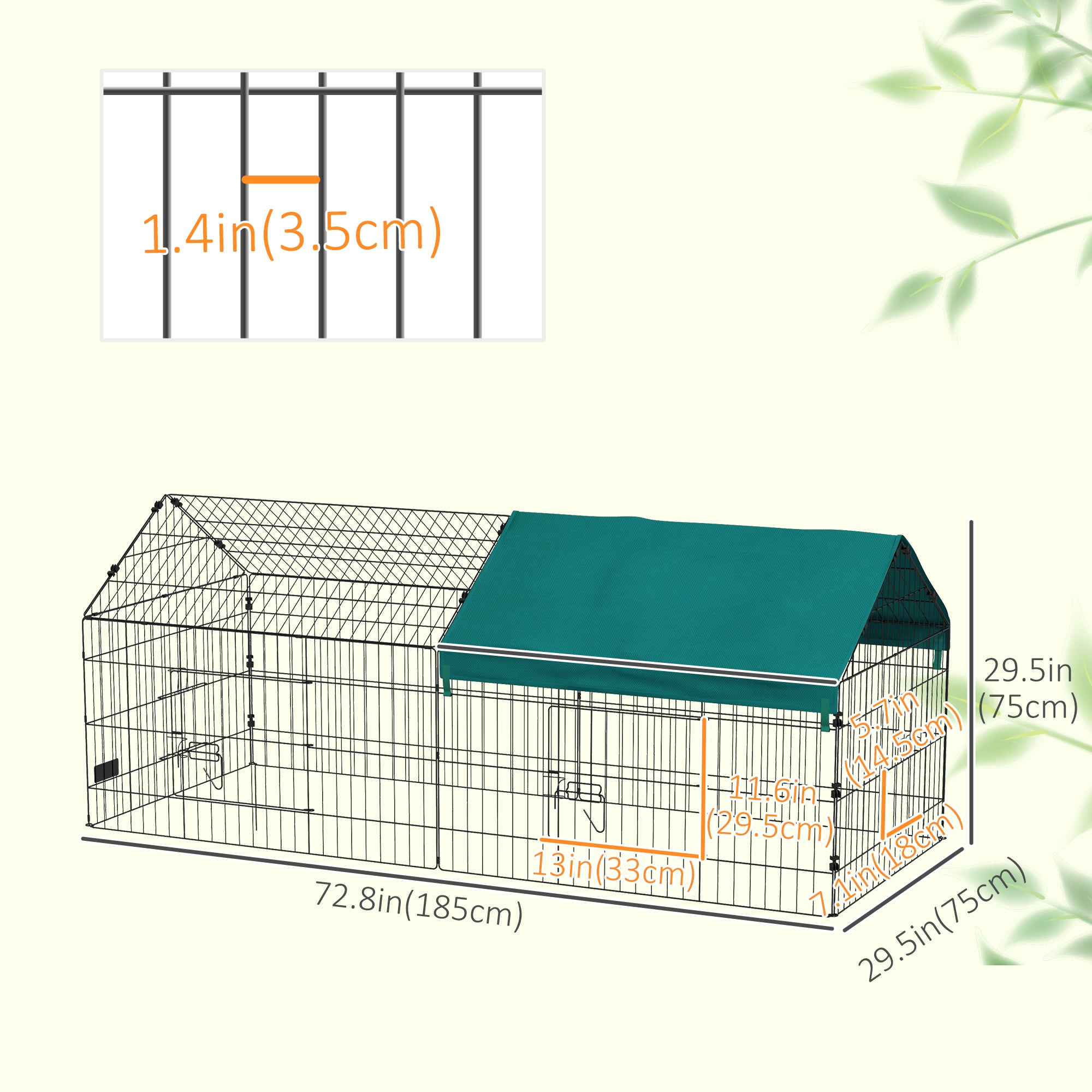 73" Small Animal Cage with Roof, Indoor/Outdoor Use,  for Chicken, Rabbits, Chinchillas, Green