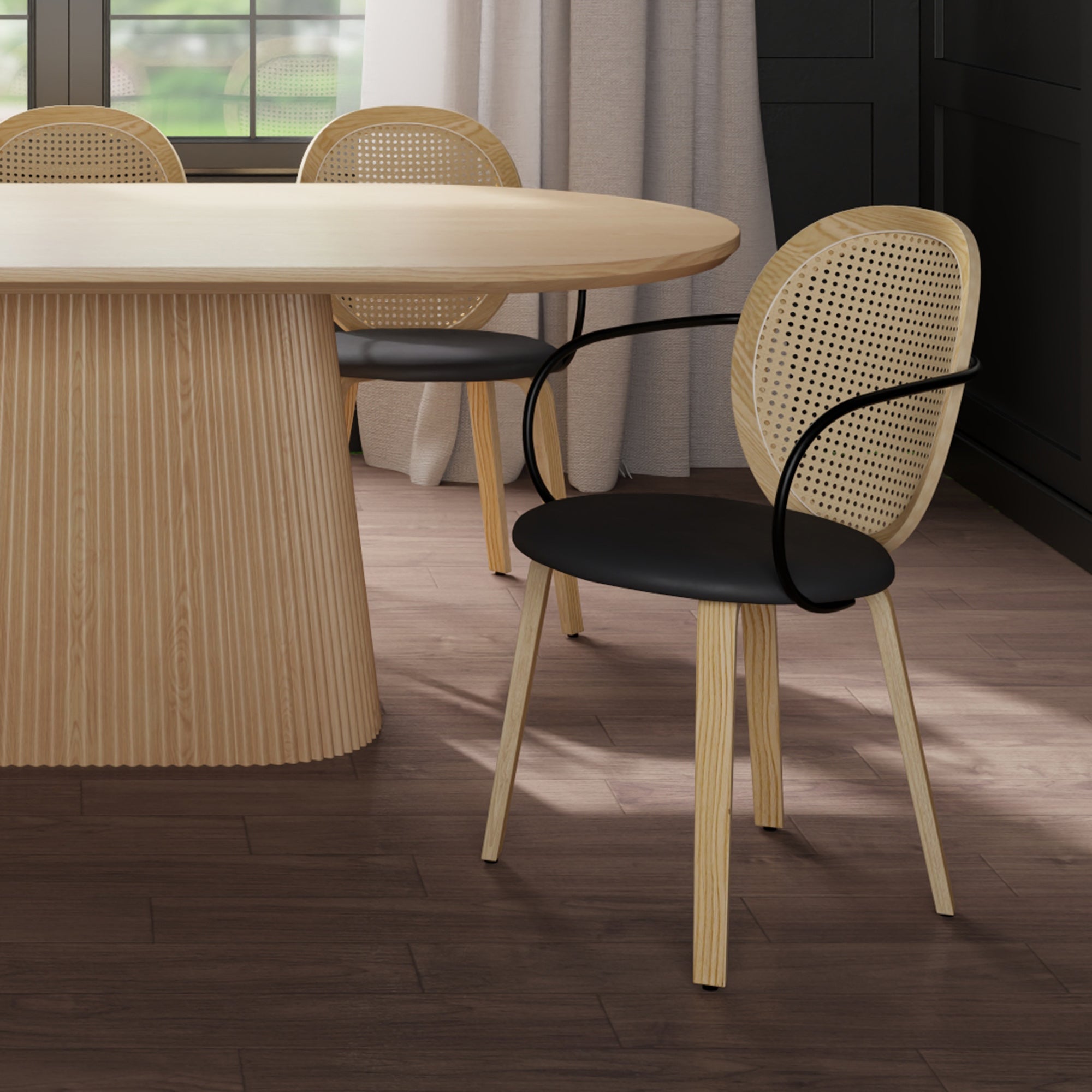 Orias Dining Chair - Light Oak with Black Faux Leather Seat-DECOROLALA