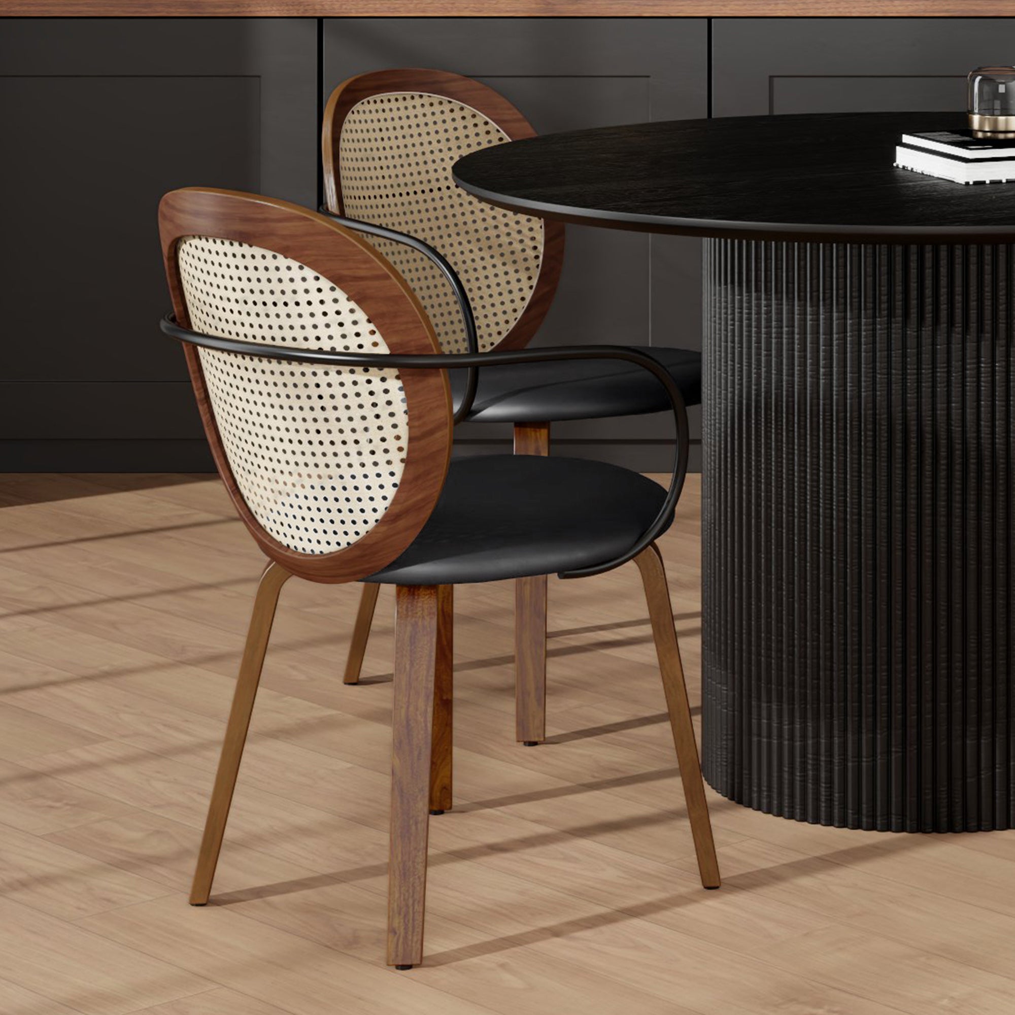 Orias Dining Chair - Walnut Bentwood with Black Faux Leather-DECOROLALA