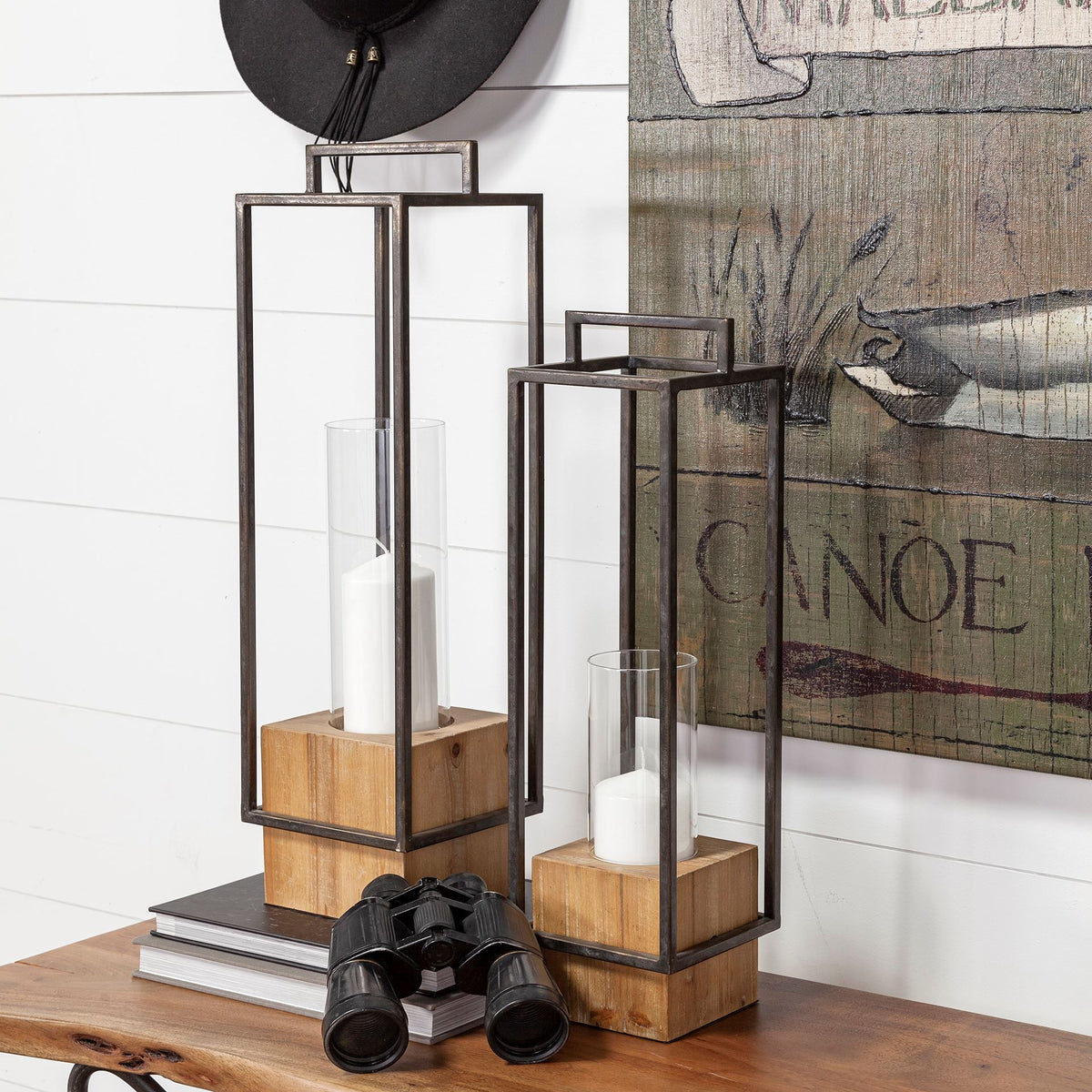 Orionis Large Wood w/ Black Metal Lantern Candle Holder-Lanterns-DECOROLALA