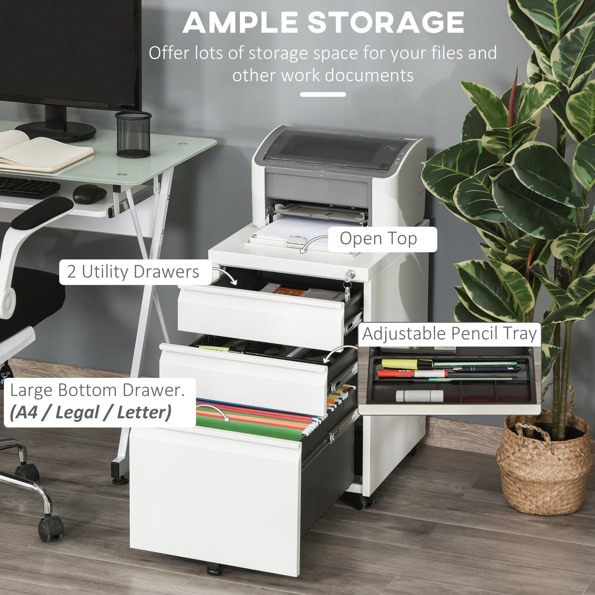 3 Drawer Lockable Steel Filing Cabinet on Wheels - White
