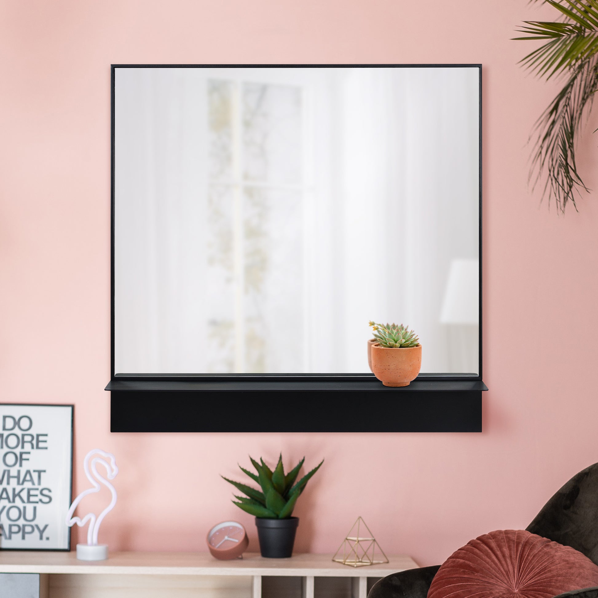 Otavi 35" Tall Square Wall Mirror, Black-Mirror-DECOROLALA