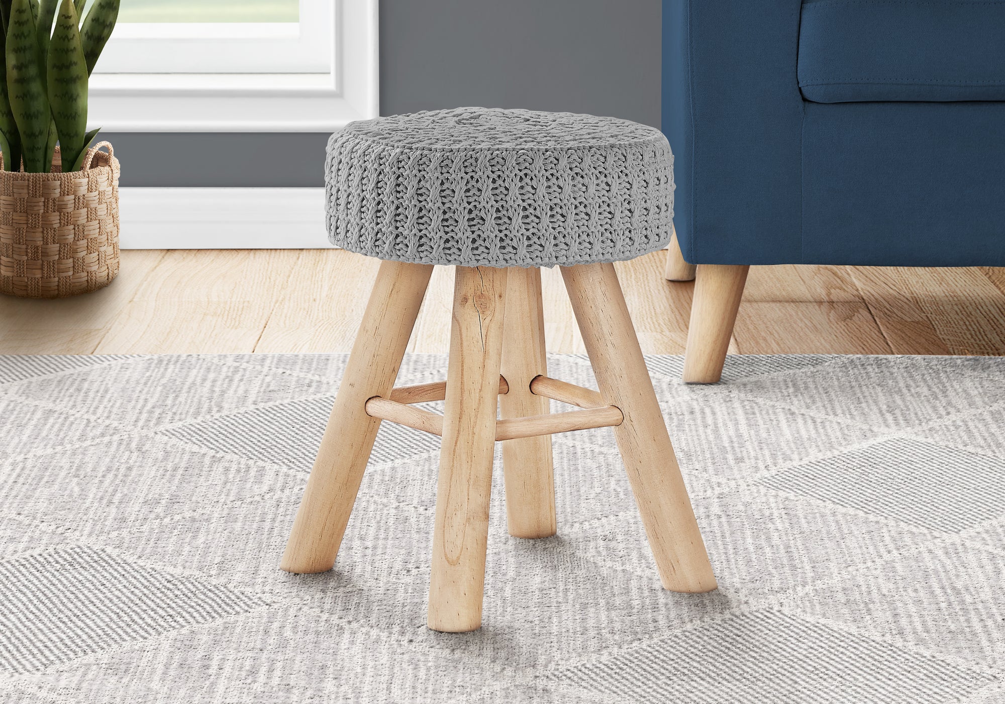 Ottoman Grey Knit Natural Wood Legs-Ottoman-DECOROLALA