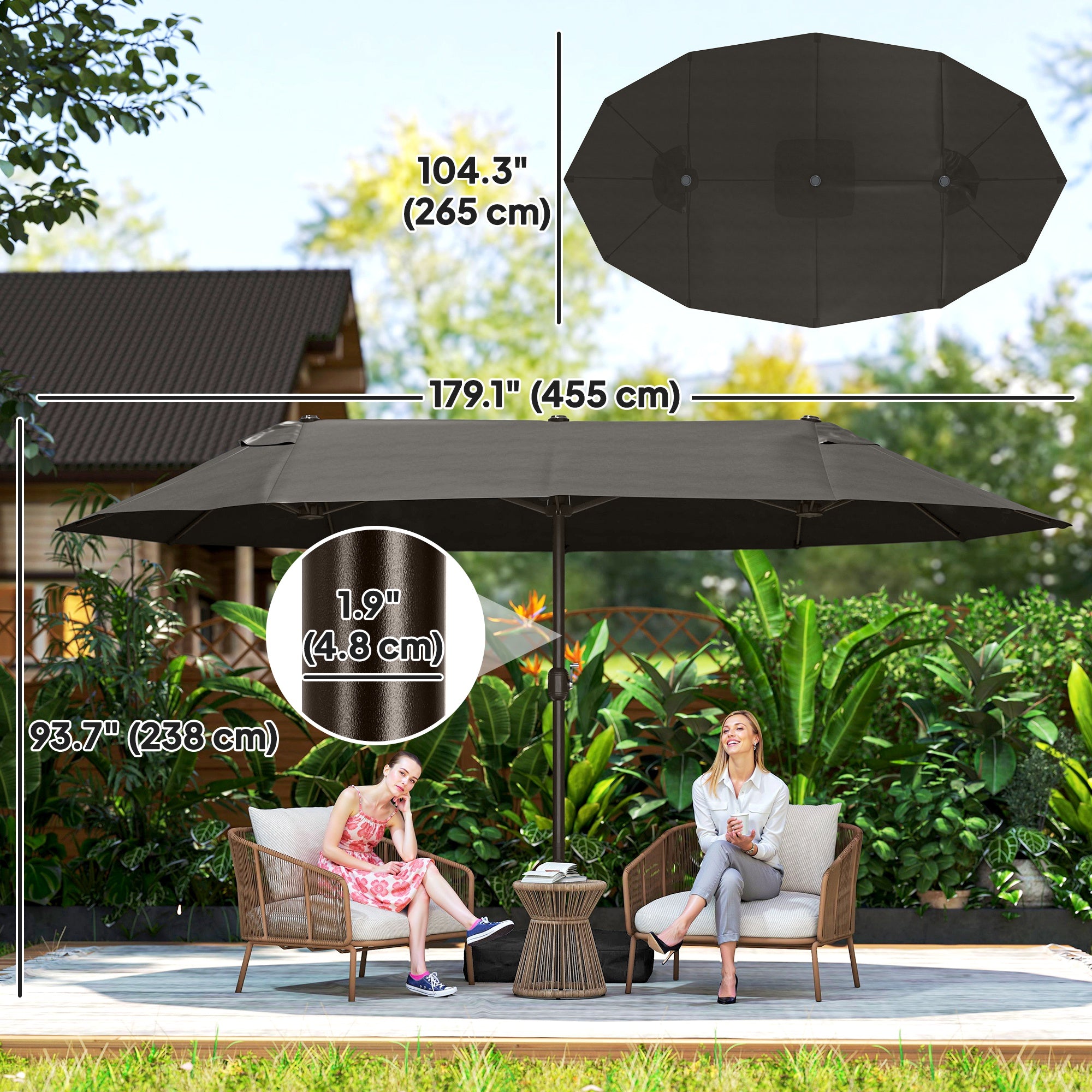 Outdoor 15' Patio Umbrella Sunshade with Lift Crank, Dark Grey-DECOROLALA