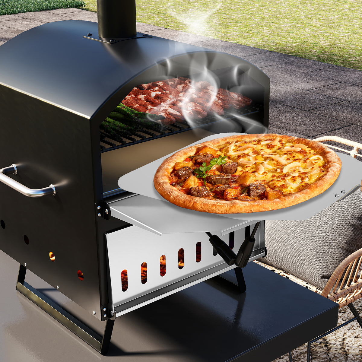 Outdoor 16 Inch 2-Layer Wood Fired Pizza Oven with Square Stone-Black-Outdoor Grills-DECOROLALA