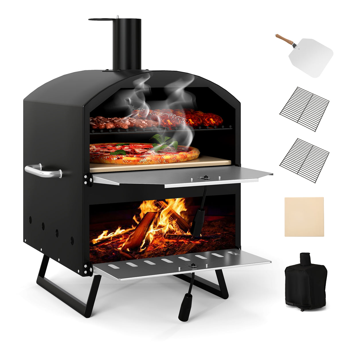 Outdoor 16 Inch 2-Layer Wood Fired Pizza Oven with Square Stone-Black-Outdoor Grills-DECOROLALA