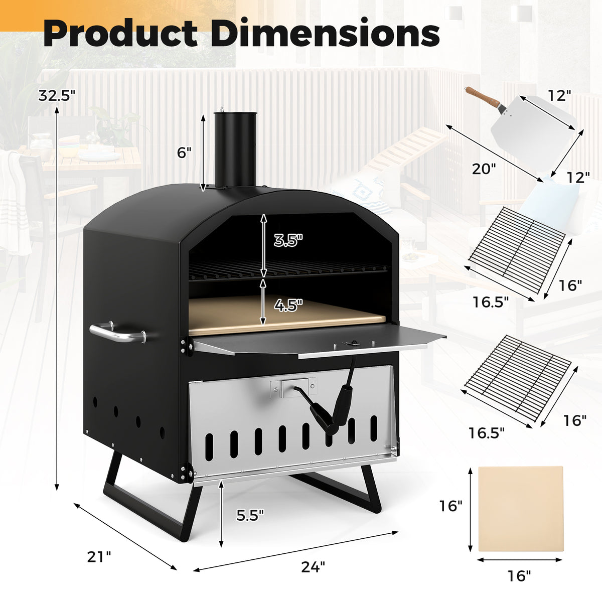 Outdoor 16 Inch 2-Layer Wood Fired Pizza Oven with Square Stone-Black-Outdoor Grills-DECOROLALA