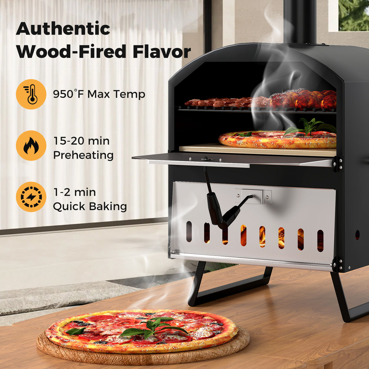 Outdoor 16 Inch 2-Layer Wood Fired Pizza Oven with Square Stone-Black-Outdoor Grills-DECOROLALA