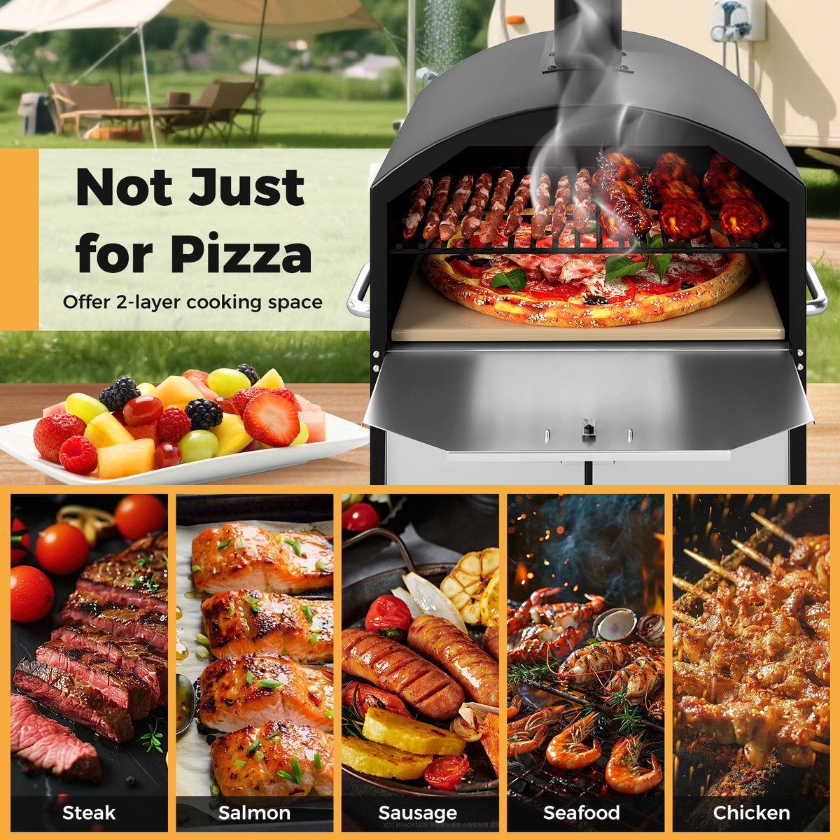 Outdoor 16 Inch 2-Layer Wood Fired Pizza Oven with Square Stone-Black-Outdoor Grills-DECOROLALA