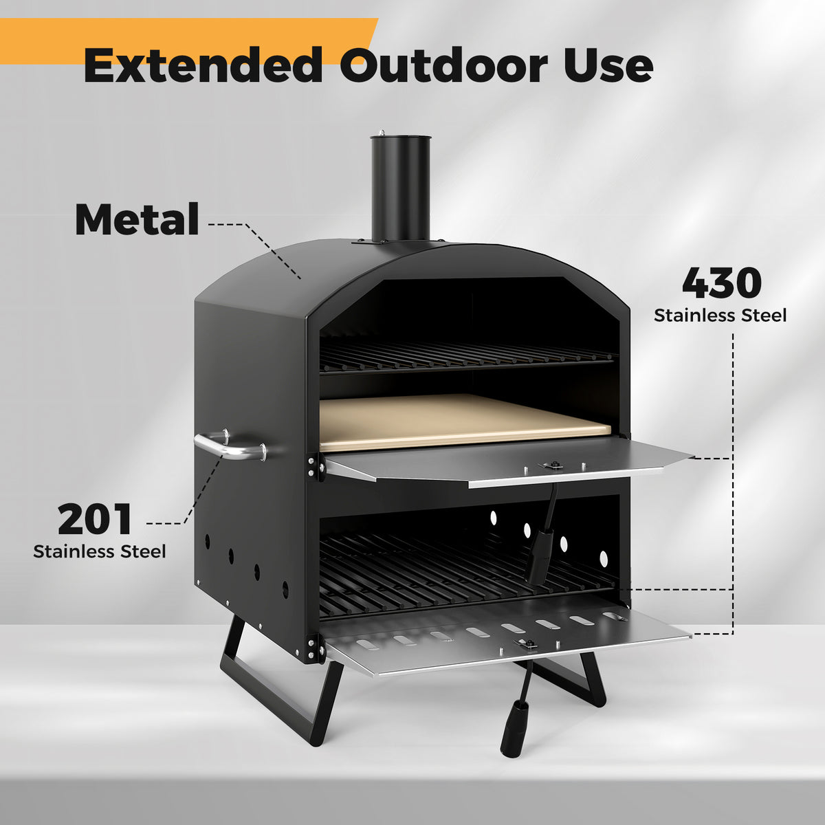 Outdoor 16 Inch 2-Layer Wood Fired Pizza Oven with Square Stone-Black-Outdoor Grills-DECOROLALA