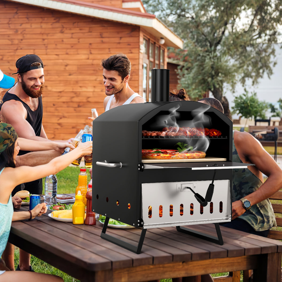 Outdoor 16 Inch 2-Layer Wood Fired Pizza Oven with Square Stone-Black-Outdoor Grills-DECOROLALA