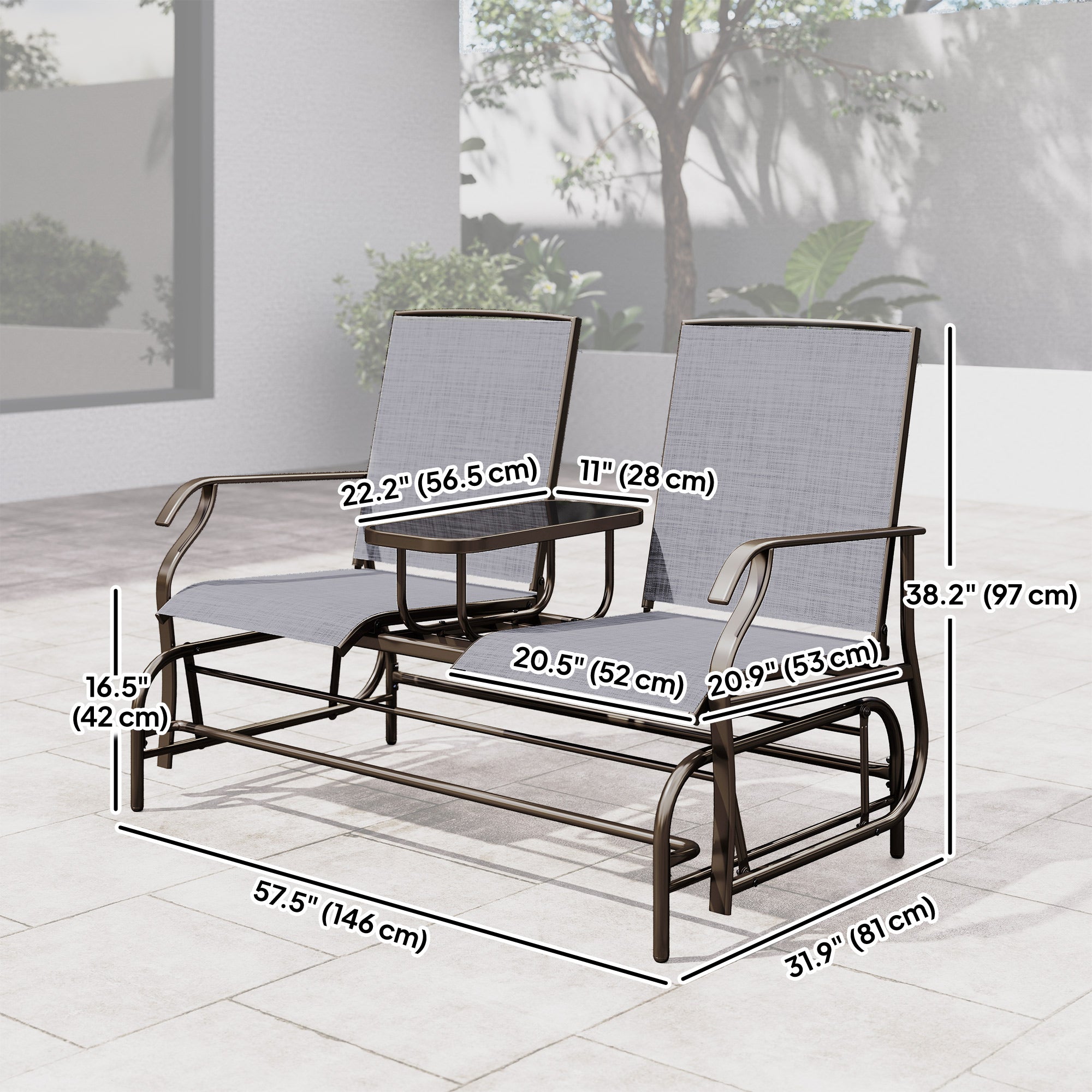 Outdoor 2-Person Glider Rocking Chair, Grey Garden Furniture Bench with Tea Table-DECOROLALA