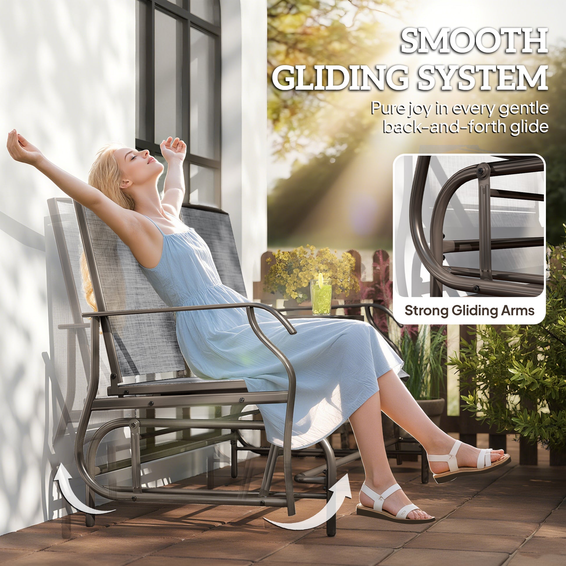 Outdoor 2-Person Glider Rocking Chair, Grey Garden Furniture Bench with Tea Table-DECOROLALA