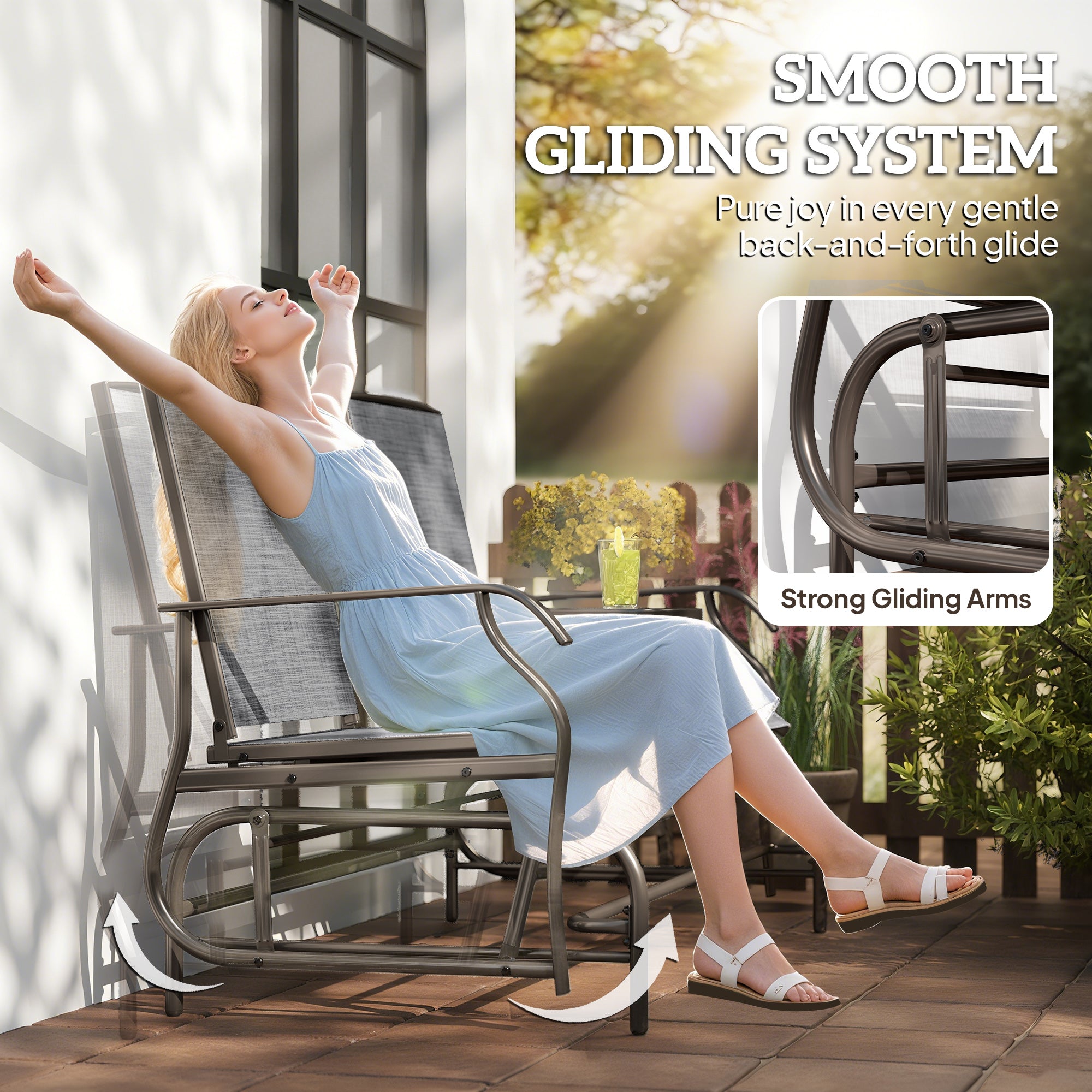 Outdoor 2-Person Glider Rocking Chair, Grey Garden Furniture Bench with Tea Table-DECOROLALA