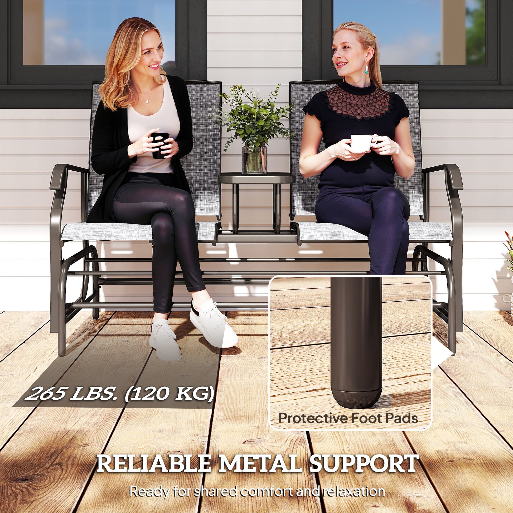 Outdoor 2-Person Glider Rocking Chair, Grey Garden Furniture Bench with Tea Table-DECOROLALA