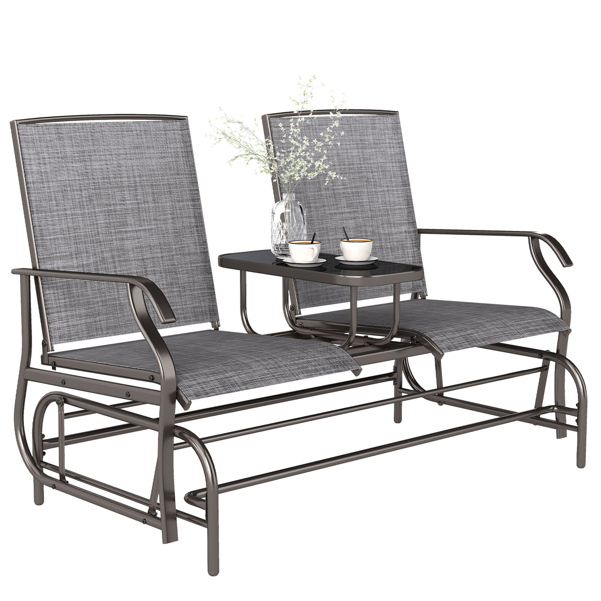 Outdoor 2-Person Glider Rocking Chair, Grey Garden Furniture Bench with Tea Table-Outdoor Benches-DECOROLALA