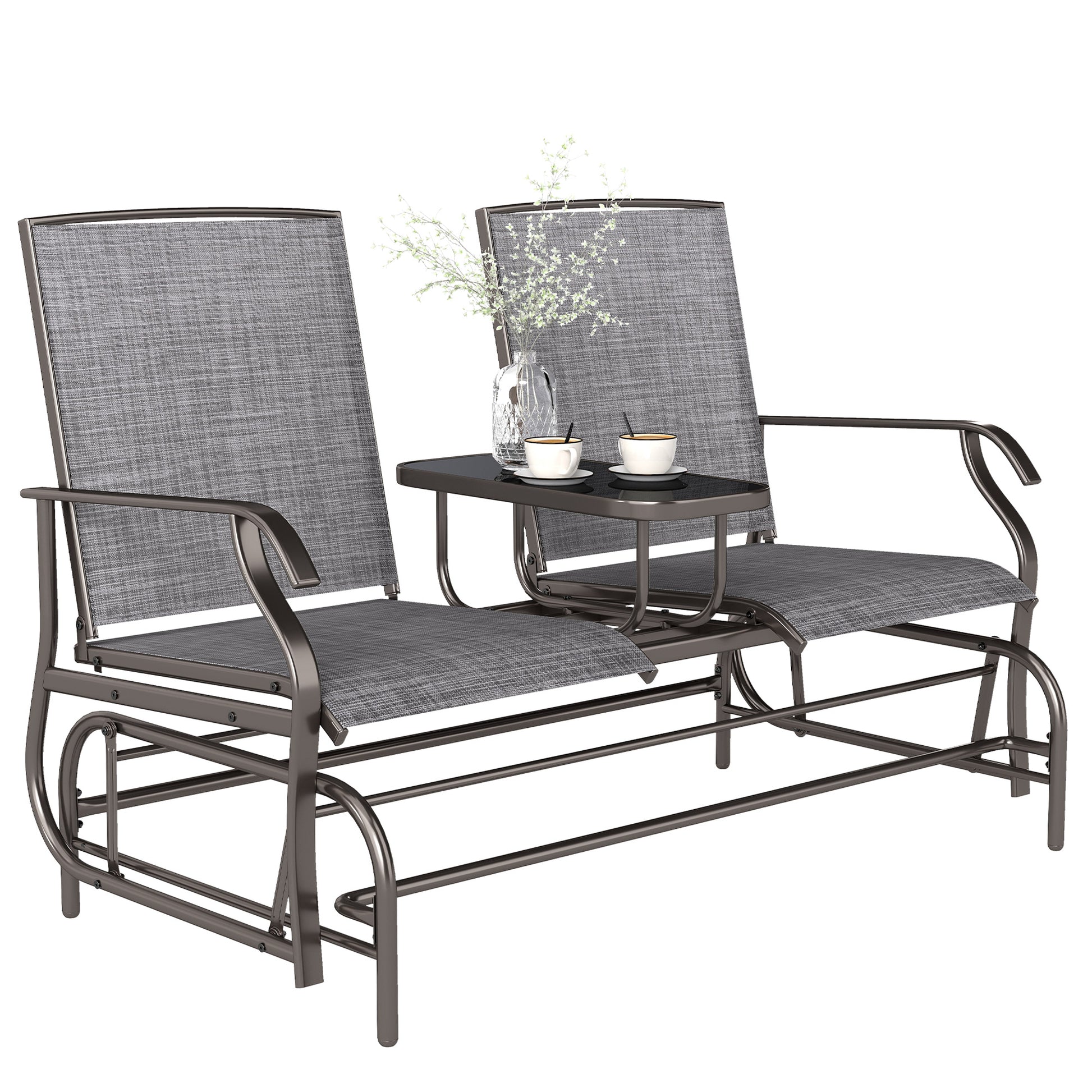 Outdoor 2-Person Glider Rocking Chair, Grey Garden Furniture Bench with Tea Table-DECOROLALA