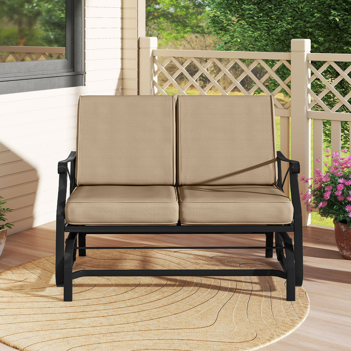 Outdoor 2-Person Glider Rocking Chair Loveseat with Thick Cushions and Metal Frame-Brown-Outdoor Rocking Chairs & Gliders-DECOROLALA
