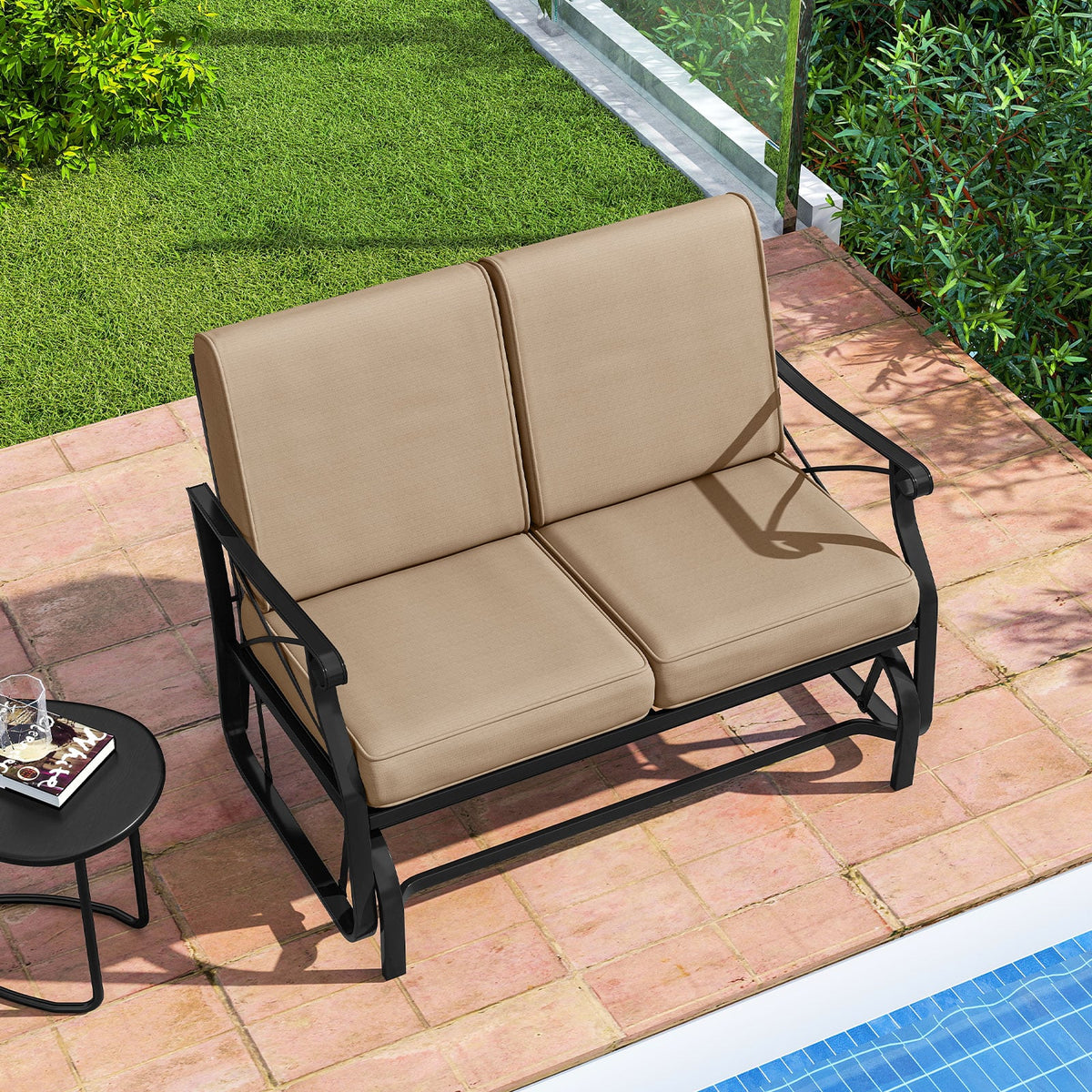 Outdoor 2-Person Glider Rocking Chair Loveseat with Thick Cushions and Metal Frame-Brown-Outdoor Rocking Chairs & Gliders-DECOROLALA