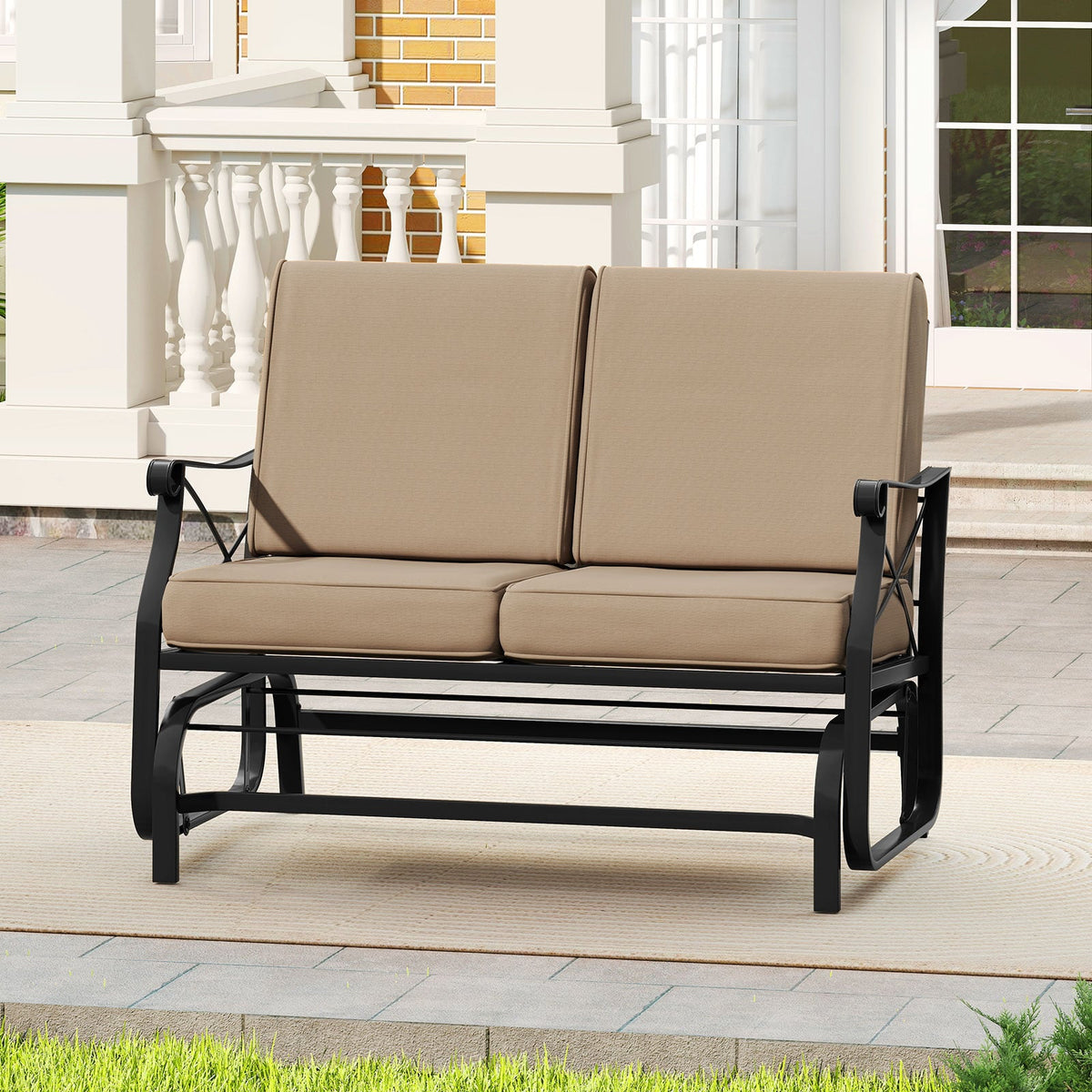 Outdoor 2-Person Glider Rocking Chair Loveseat with Thick Cushions and Metal Frame-Brown-Outdoor Rocking Chairs & Gliders-DECOROLALA