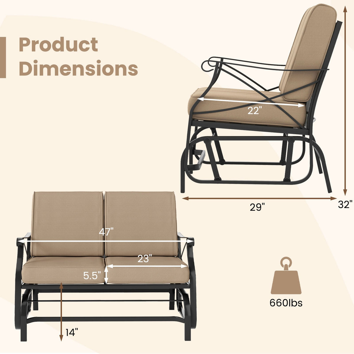 Outdoor 2-Person Glider Rocking Chair Loveseat with Thick Cushions and Metal Frame-Brown-Outdoor Rocking Chairs & Gliders-DECOROLALA