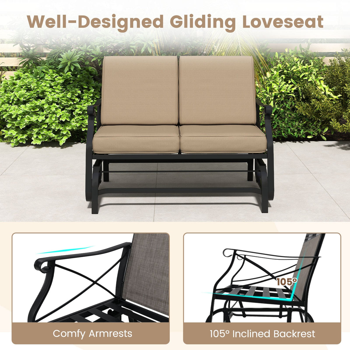 Outdoor 2-Person Glider Rocking Chair Loveseat with Thick Cushions and Metal Frame-Brown-Outdoor Rocking Chairs & Gliders-DECOROLALA