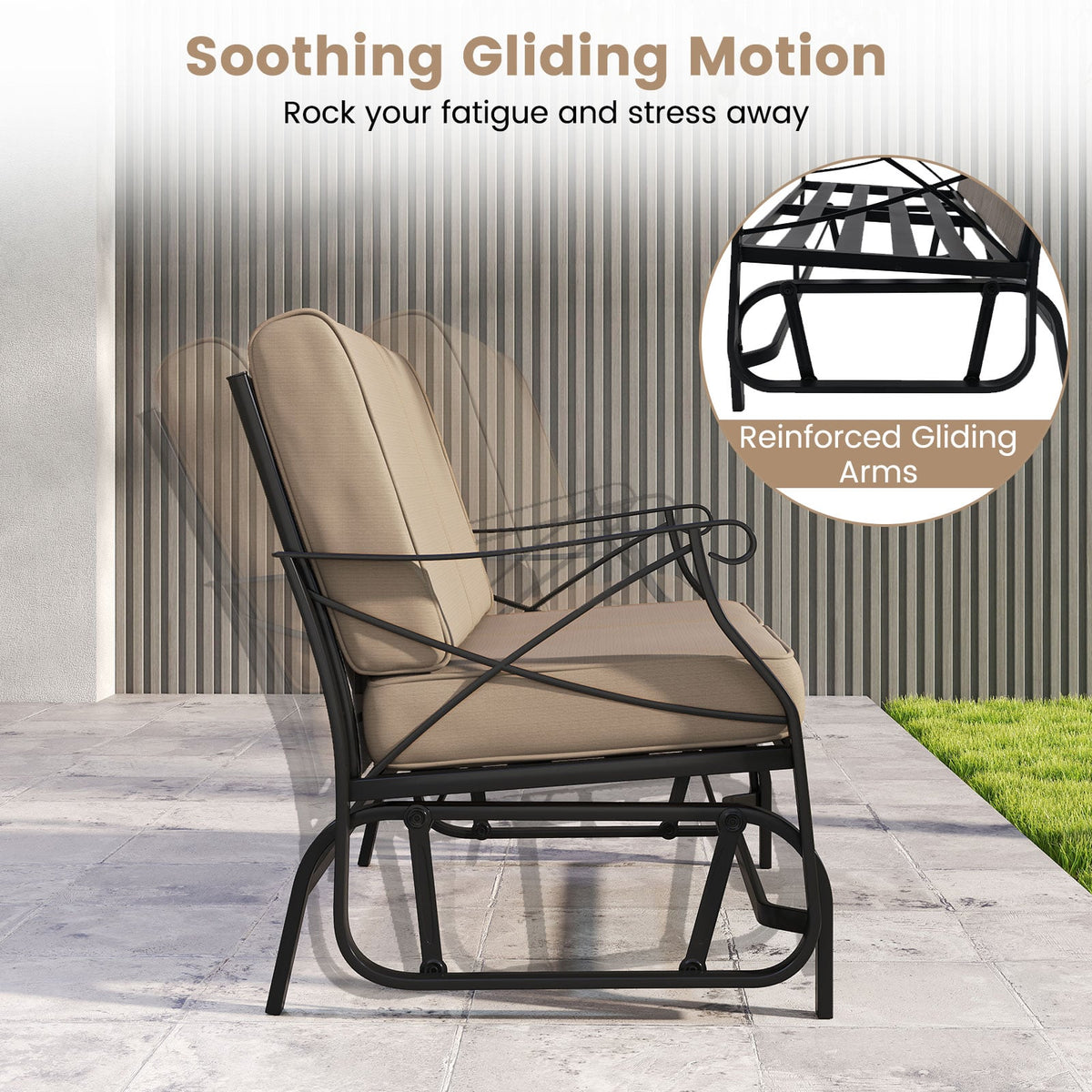 Outdoor 2-Person Glider Rocking Chair Loveseat with Thick Cushions and Metal Frame-Brown-Outdoor Rocking Chairs & Gliders-DECOROLALA