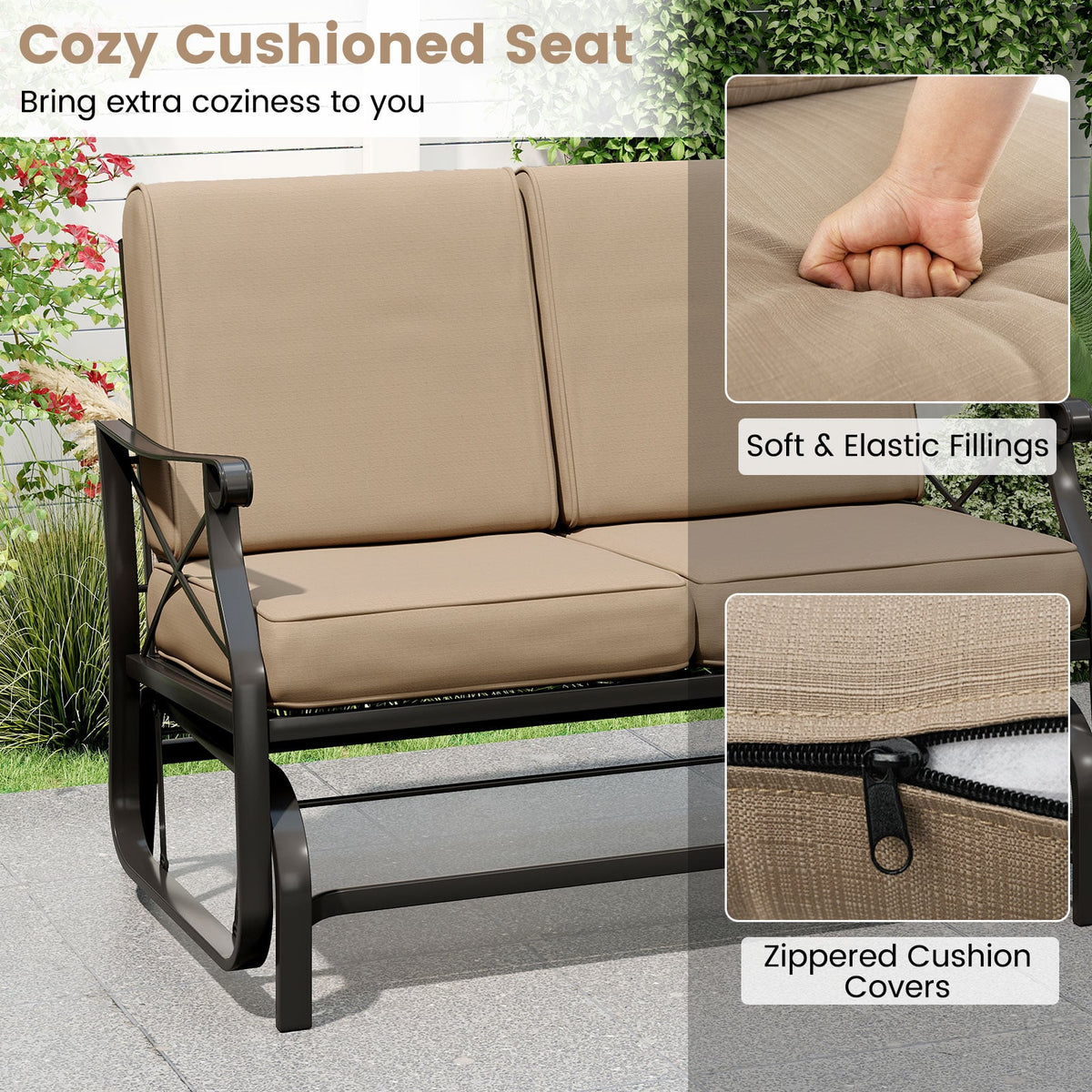 Outdoor 2-Person Glider Rocking Chair Loveseat with Thick Cushions and Metal Frame-Brown-Outdoor Rocking Chairs & Gliders-DECOROLALA