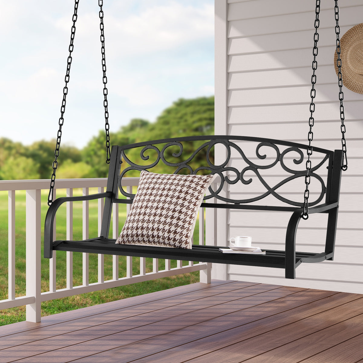 Outdoor 2-Person Metal Porch Swing Chair with Chains-Black-Porch Swings-DECOROLALA