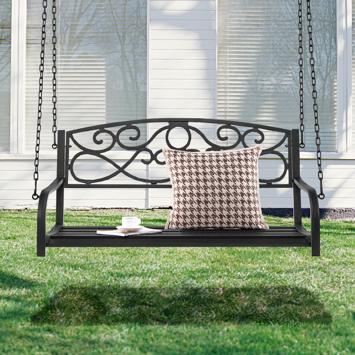 Outdoor 2-Person Metal Porch Swing Chair with Chains-Black-Porch Swings-DECOROLALA