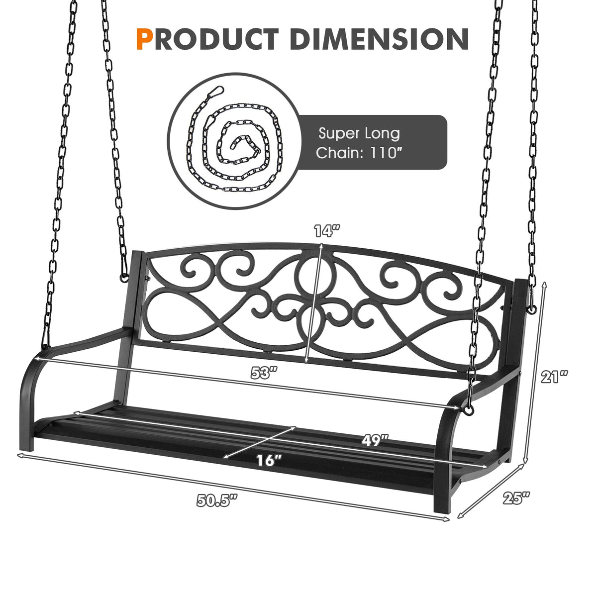 Outdoor 2-Person Metal Porch Swing Chair with Chains-Black-Porch Swings-DECOROLALA