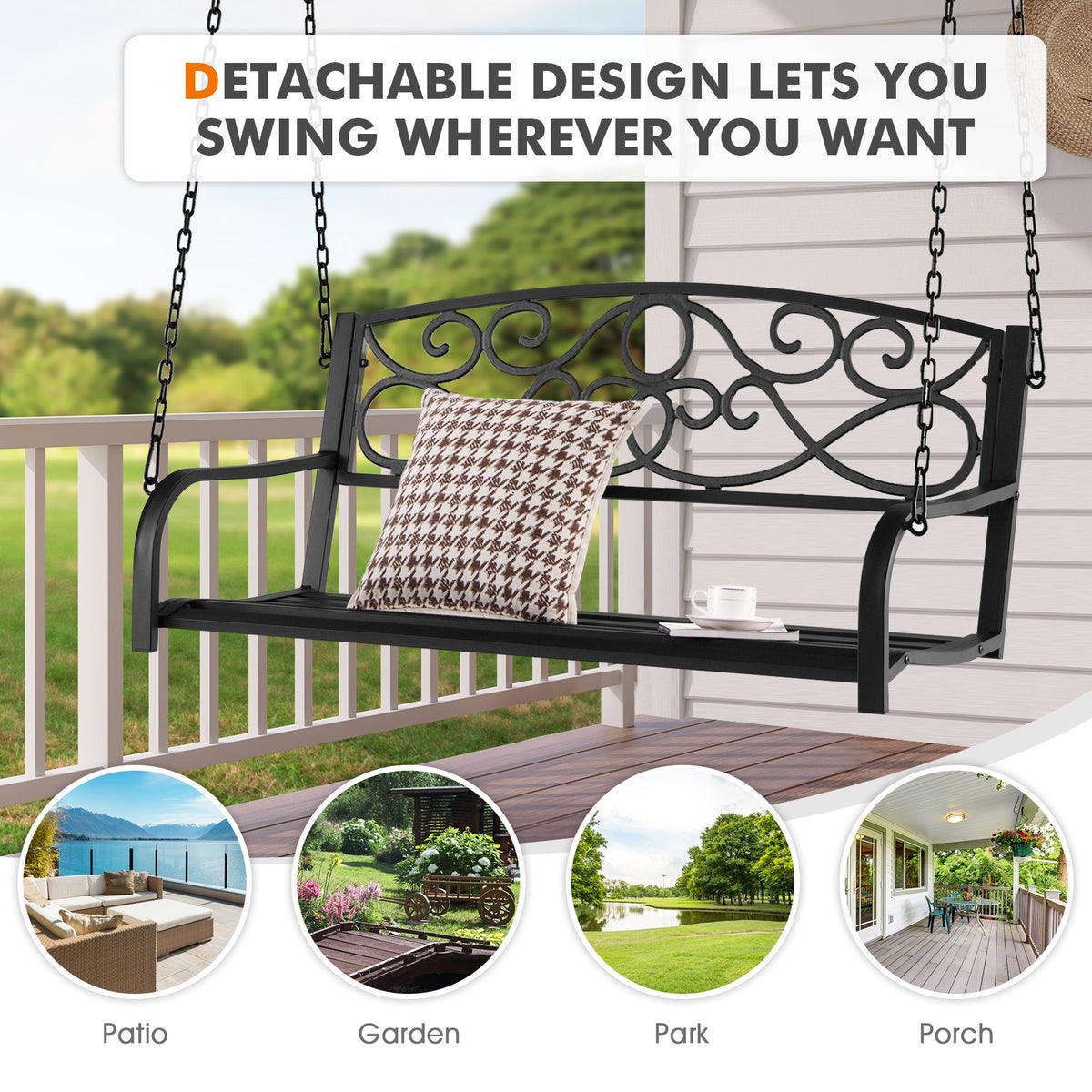 Outdoor 2-Person Metal Porch Swing Chair with Chains-Black-Porch Swings-DECOROLALA
