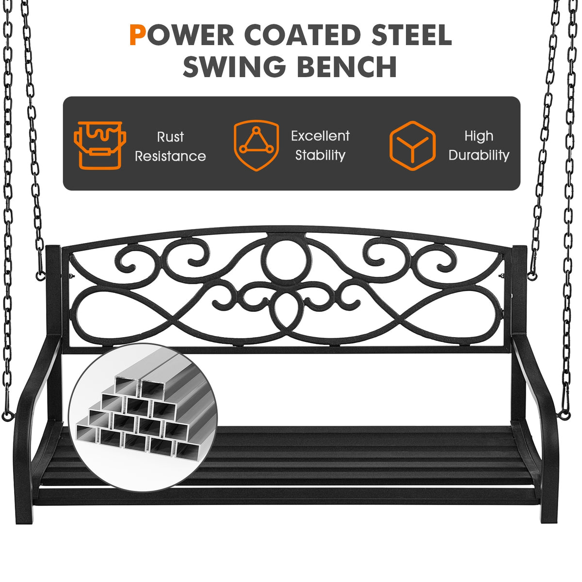 Outdoor 2-Person Metal Porch Swing Chair with Chains-Black-Porch Swings-DECOROLALA