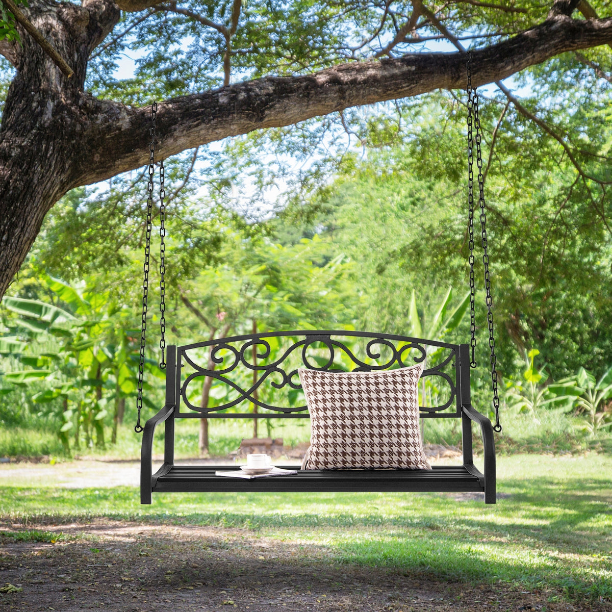 Outdoor 2-Person Metal Porch Swing Chair with Chains-Black-Porch Swings-DECOROLALA