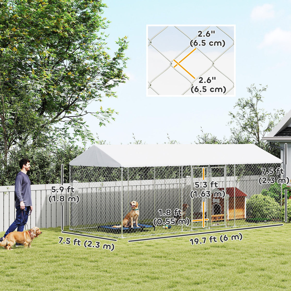Outdoor 2-Room Dog Kennel - 19.7' x 7.5' x 7.5' Silver Steel-Dogs-DECOROLALA