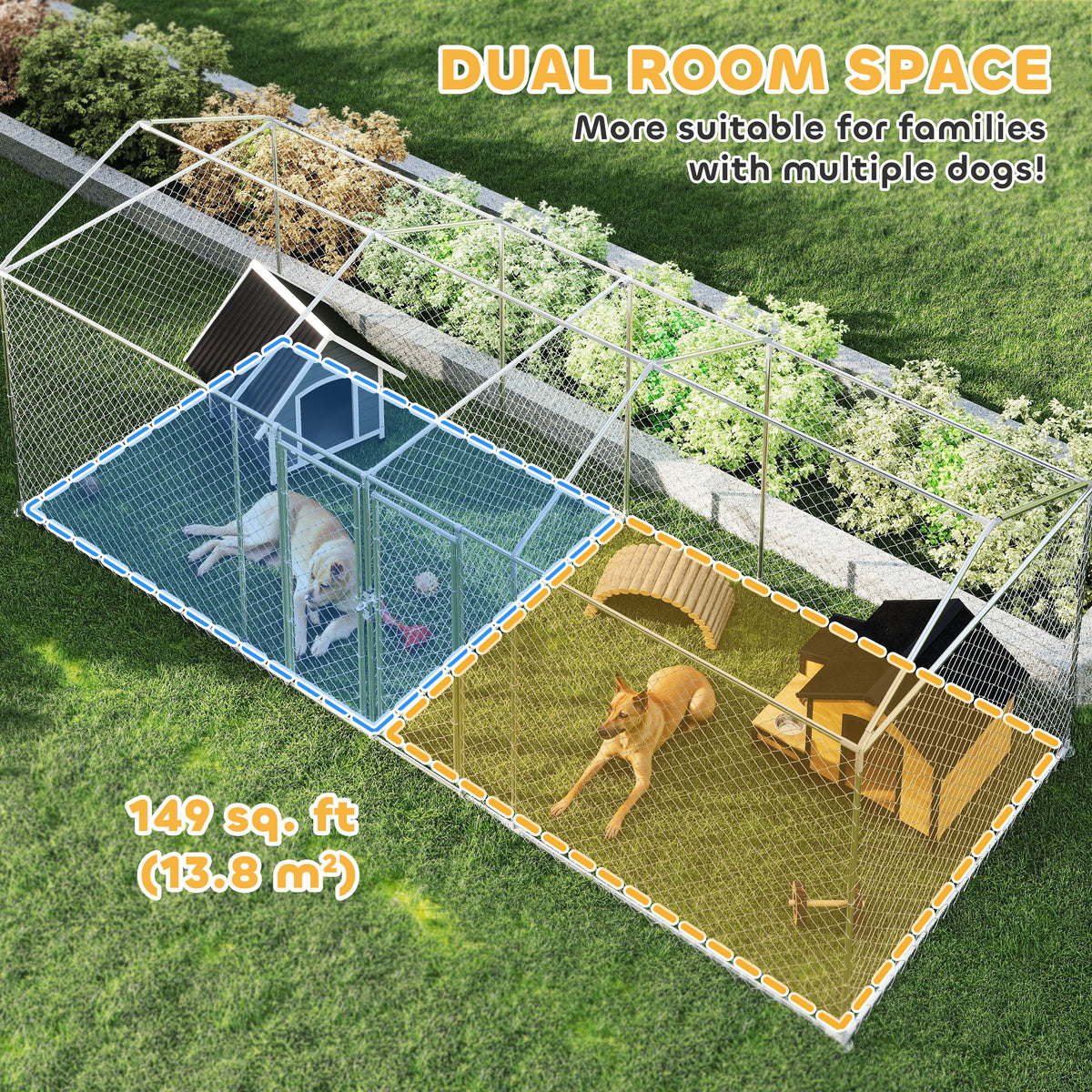 Outdoor 2-Room Dog Kennel - 19.7' x 7.5' x 7.5' Silver Steel-Dogs-DECOROLALA