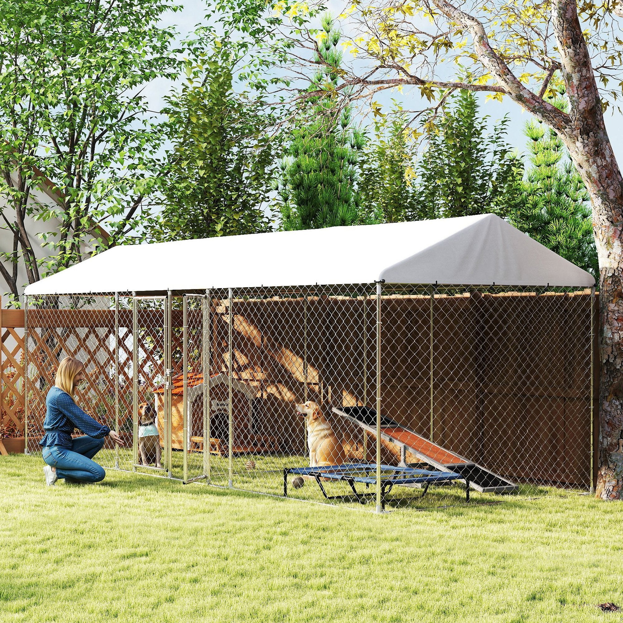Outdoor 2-Room Dog Kennel - 19.7' x 7.5' x 7.5' Silver Steel-Dogs-DECOROLALA