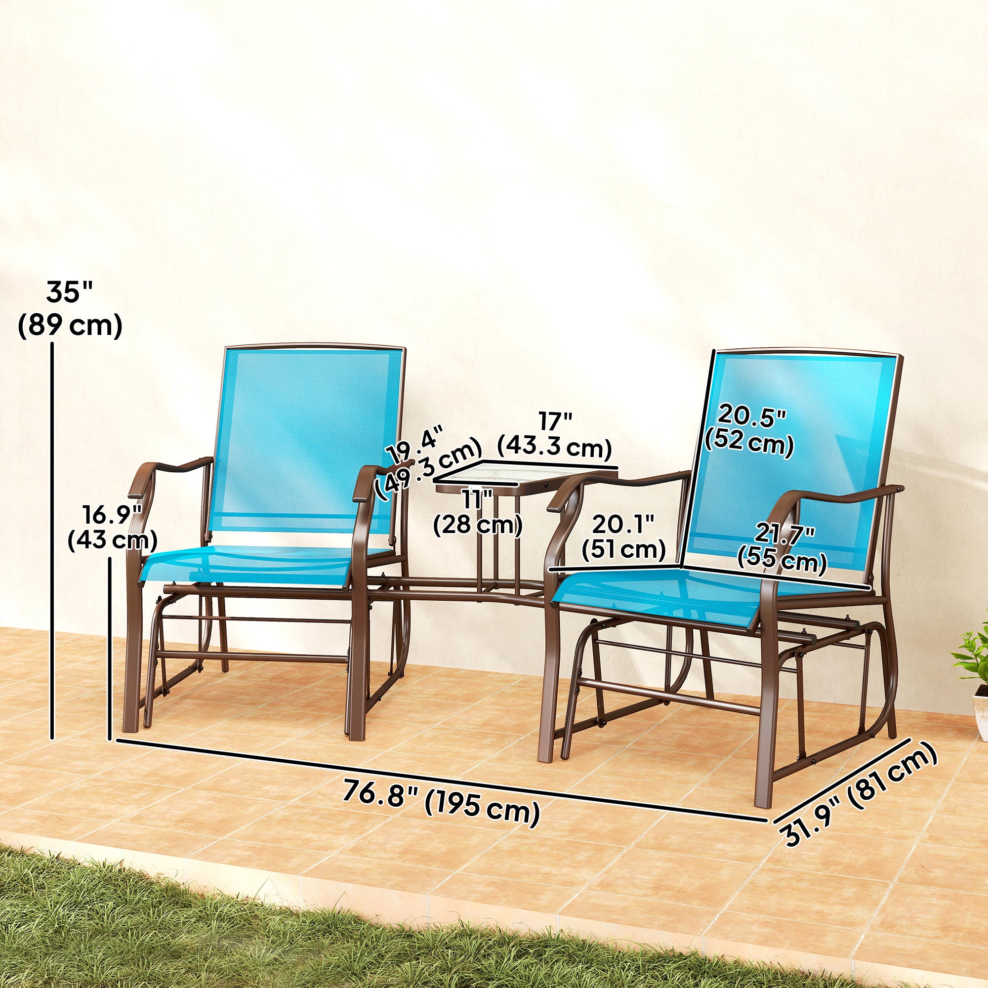 Outdoor 2-Seat Glider Chair with Table, Breathable Mesh Fabric, Blue-DECOROLALA